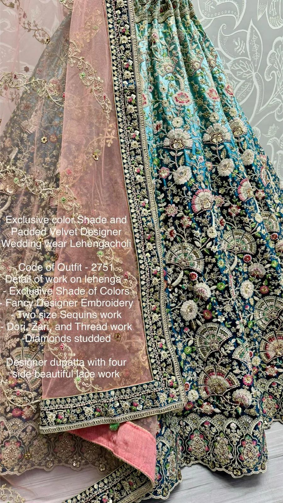 Exclusive color Shade and Padded Velvet Designer Wedding wear Lehenga Choli