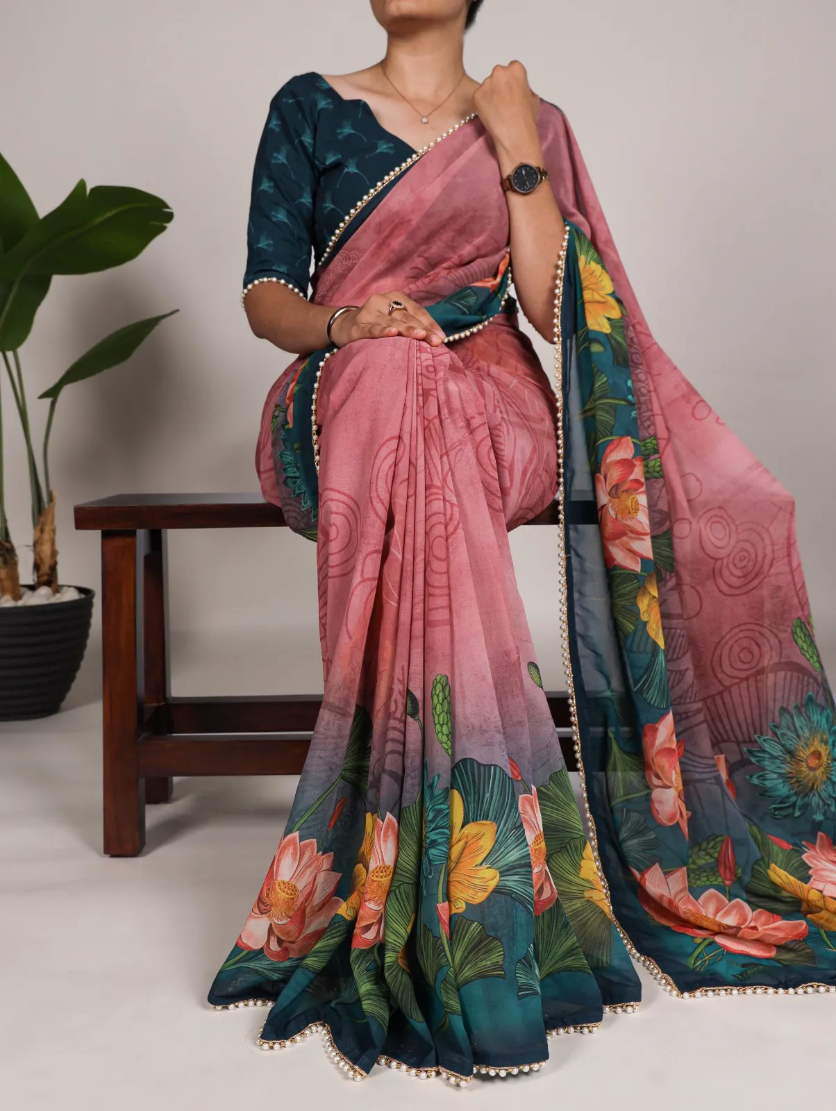 Festivr Wear Printed Saree With Pearl Lace 7012