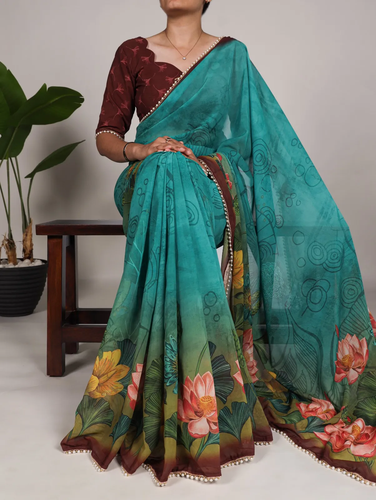 Festivr Wear Printed Saree With Pearl Lace 7012