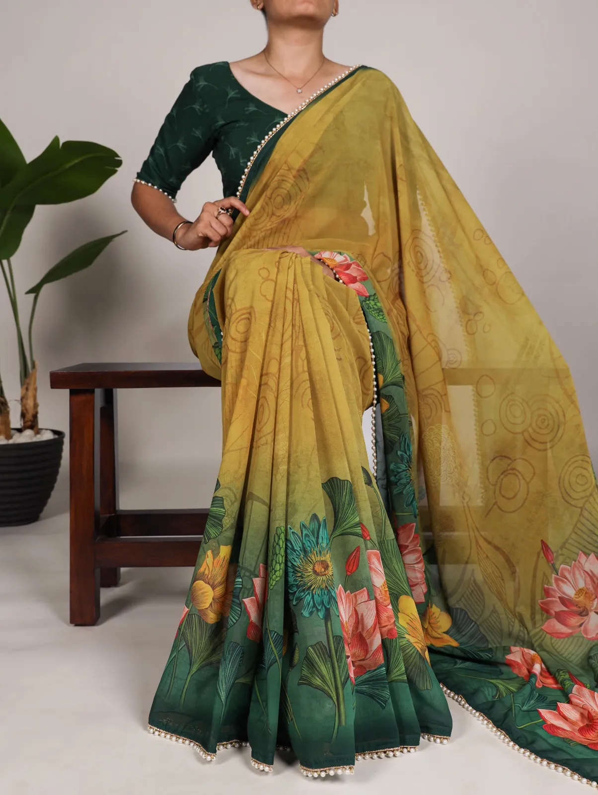 Festivr Wear Printed Saree With Pearl Lace 7012