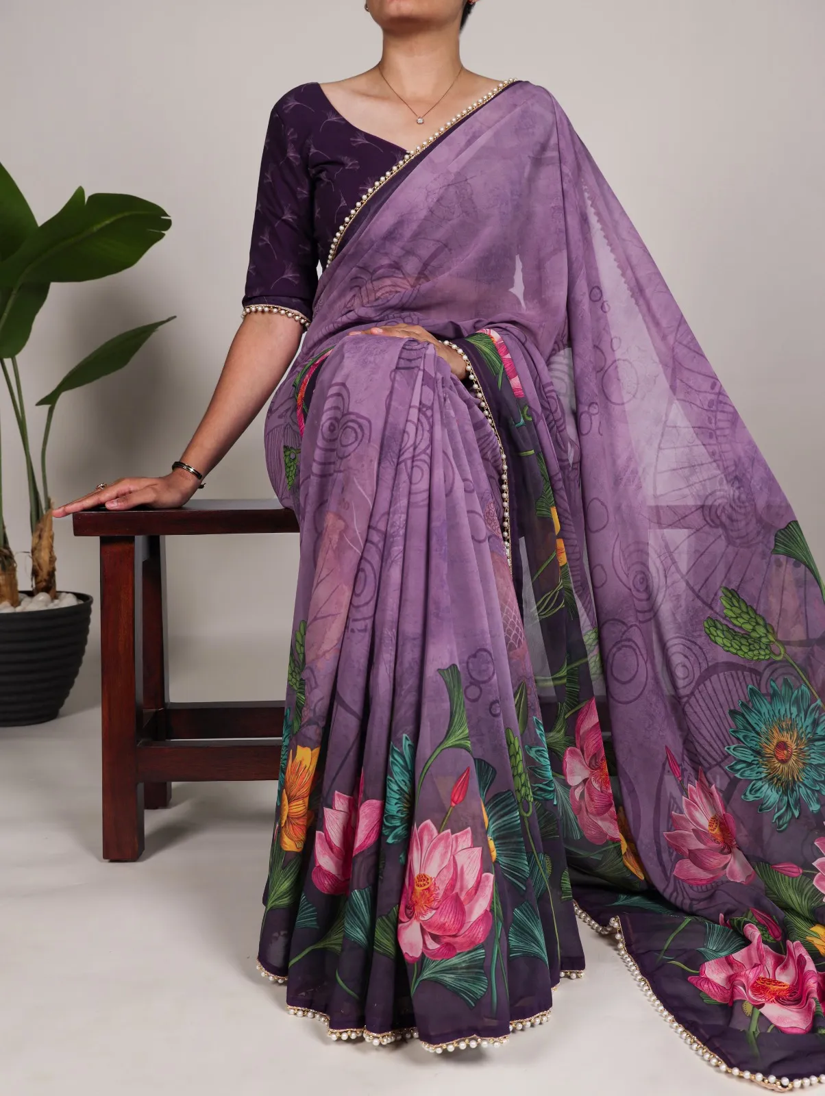 Festivr Wear Printed Saree With Pearl Lace 7012