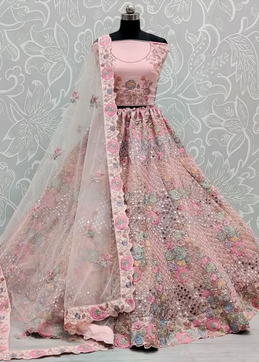 Flower Pattern Embroidery With Real Mirror Wedding Wear Ethnic Lehenga Choli 2736
