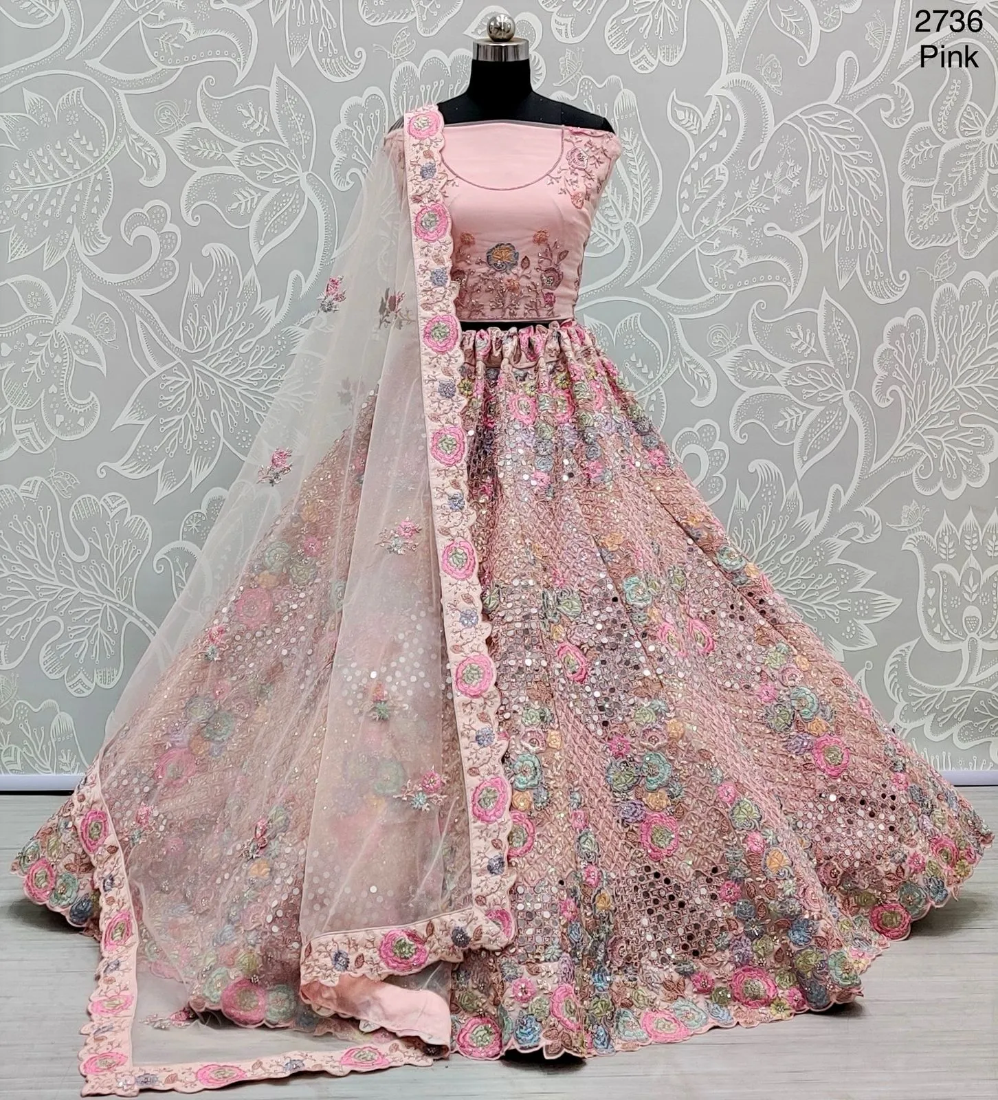 Flower Pattern Embroidery With Real Mirror Wedding Wear Ethnic Lehenga Choli 2736