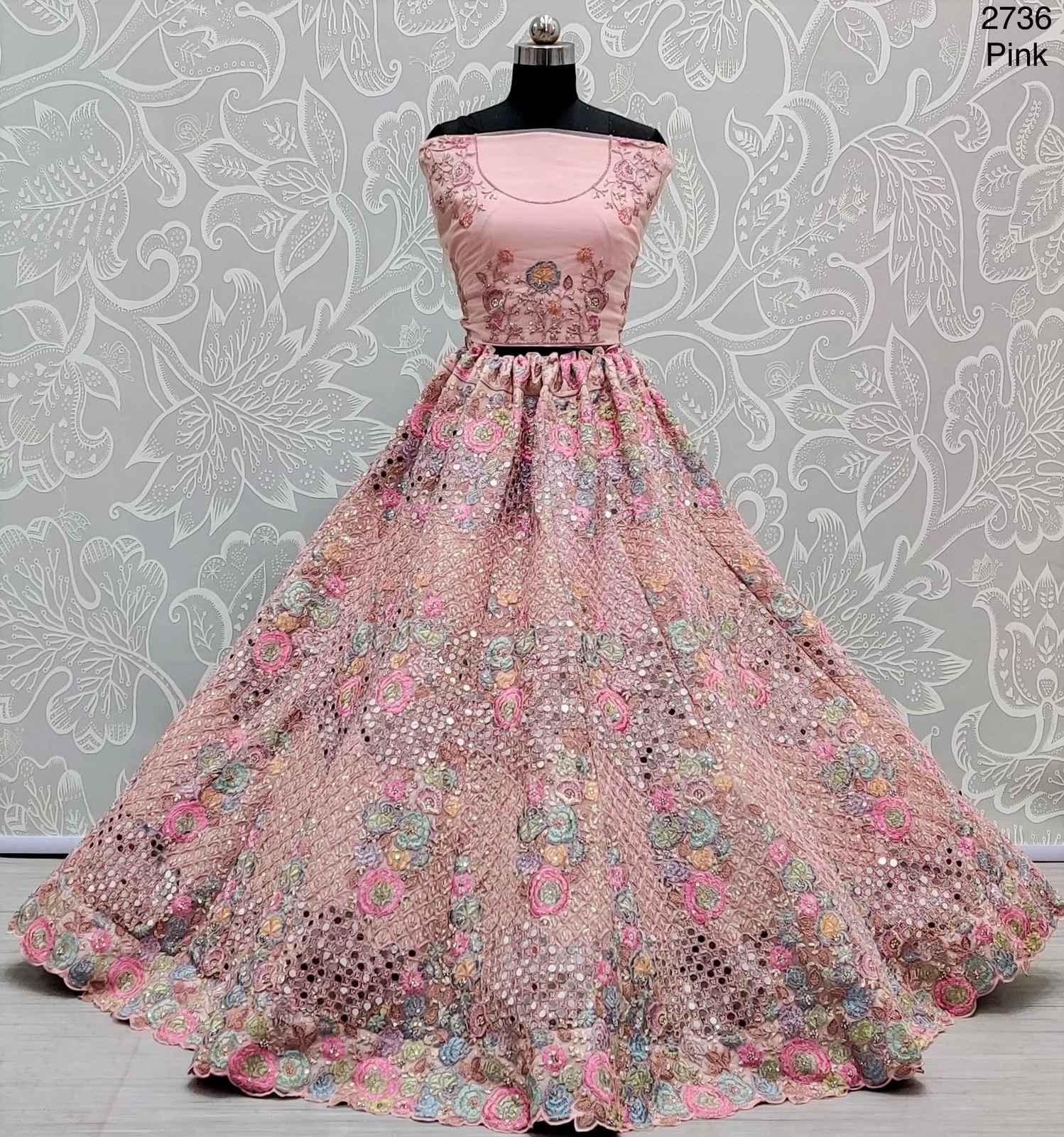 Flower Pattern Embroidery With Real Mirror Wedding Wear Ethnic Lehenga Choli 2736