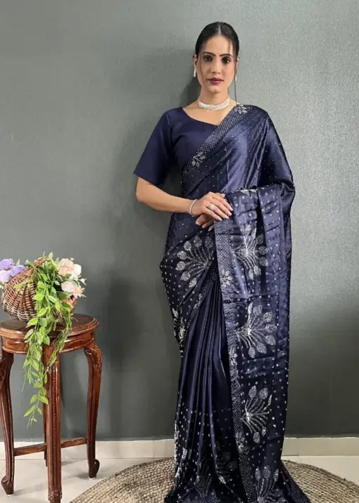 Satin Silk Saree With Swarovski Diamond Work Ready To Wear Saree