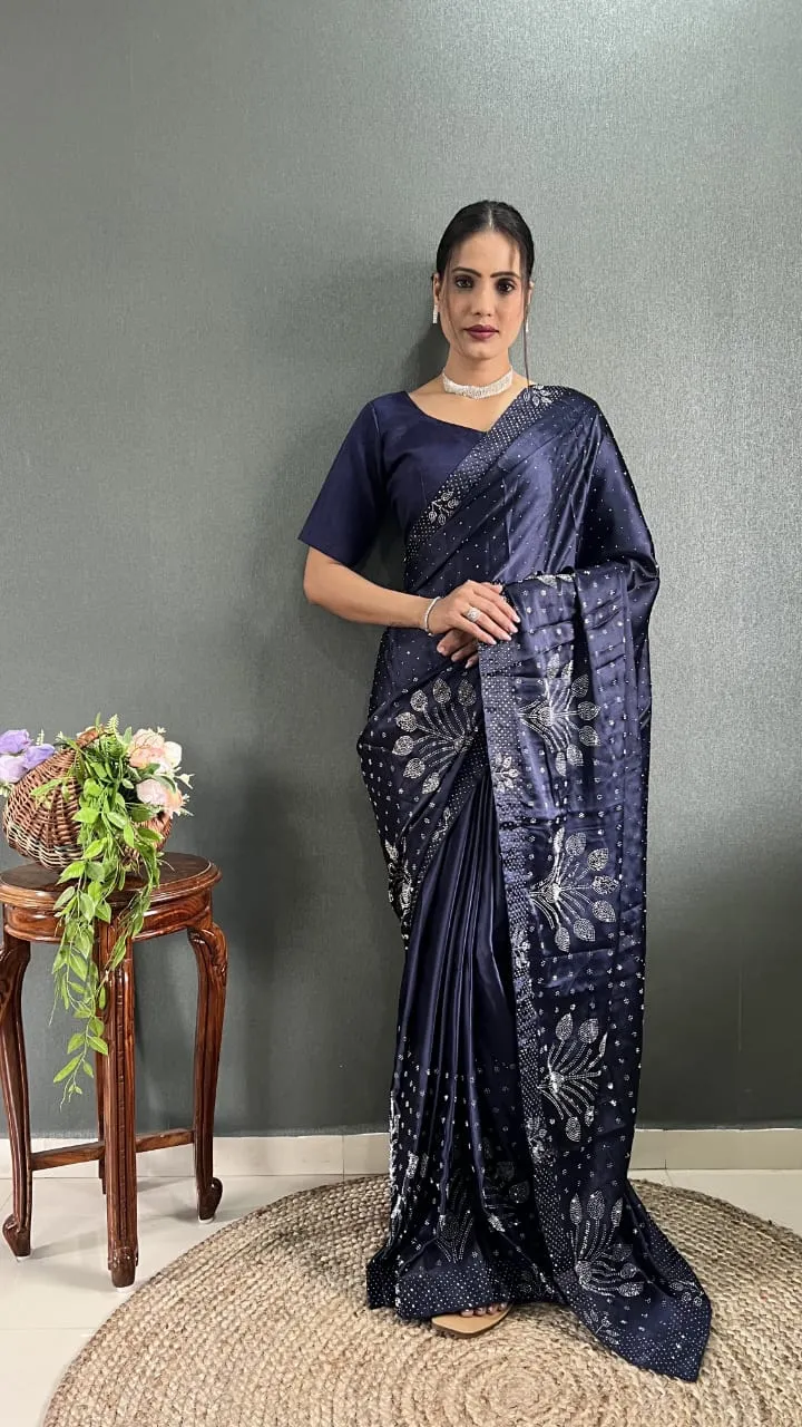 Satin Silk Saree With Swarovski Diamond Work Ready To Wear Saree