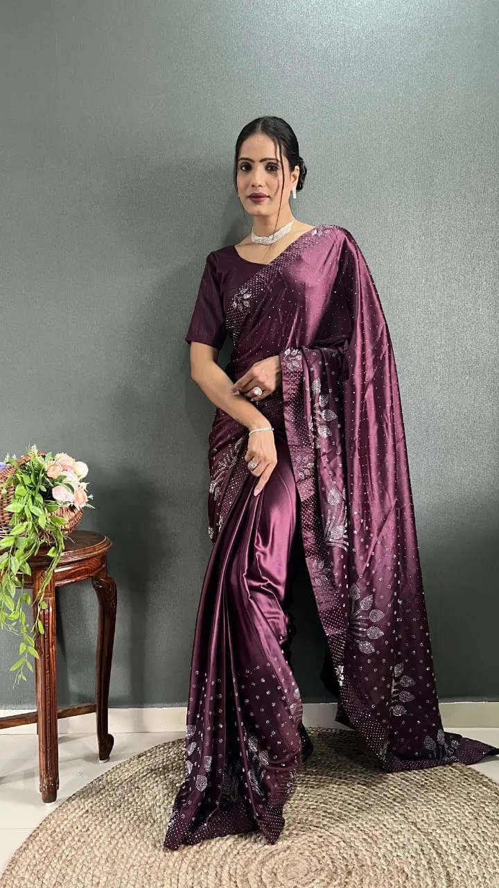 Satin Silk Saree With Swarovski Diamond Work Ready To Wear Saree