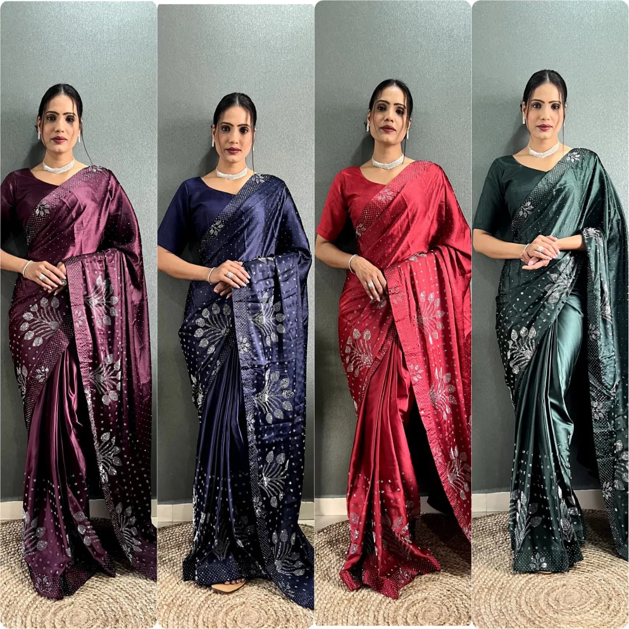 Satin Silk Saree With Swarovski Diamond Work Ready To Wear Saree