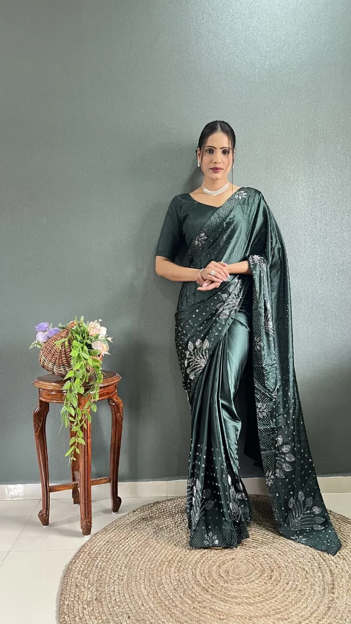 Satin Silk Saree With Swarovski Diamond Work Ready To Wear Saree