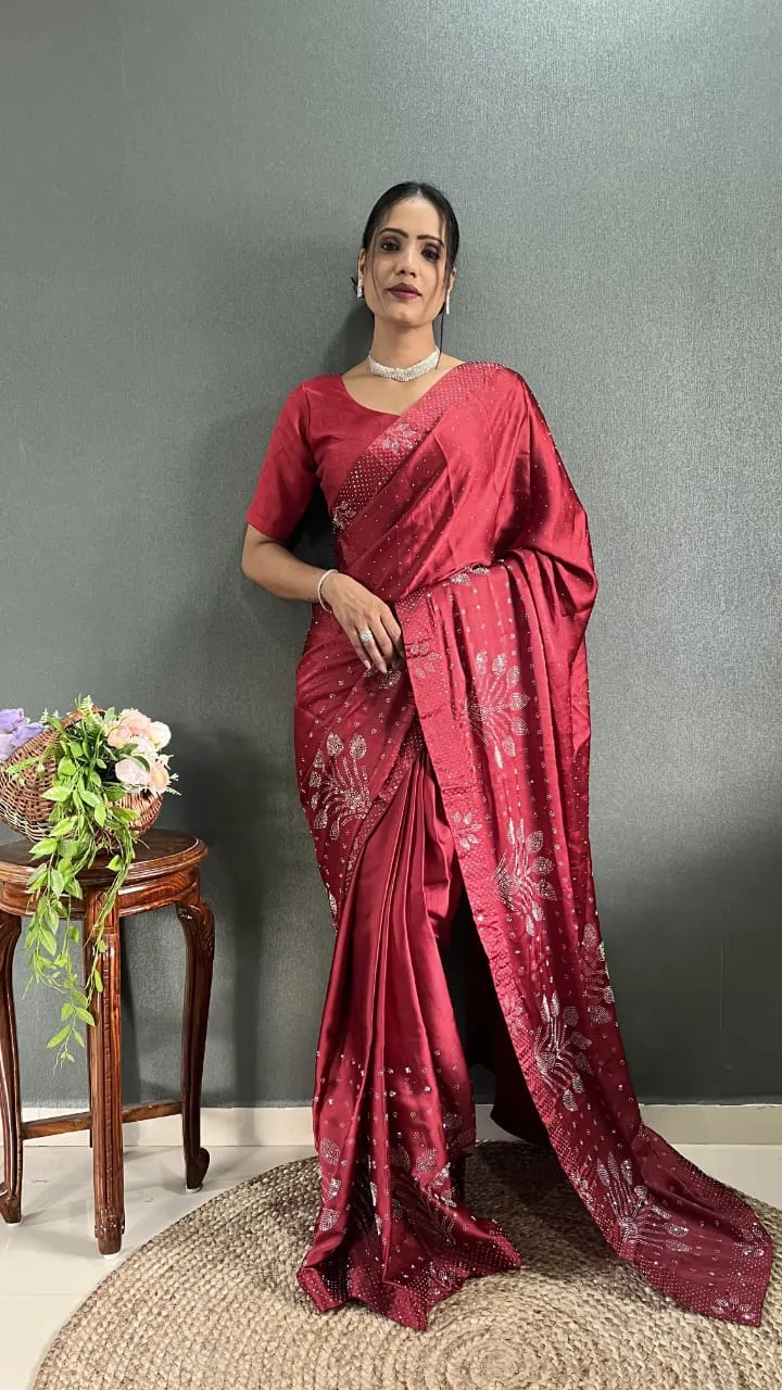 Satin Silk Saree With Swarovski Diamond Work Ready To Wear Saree