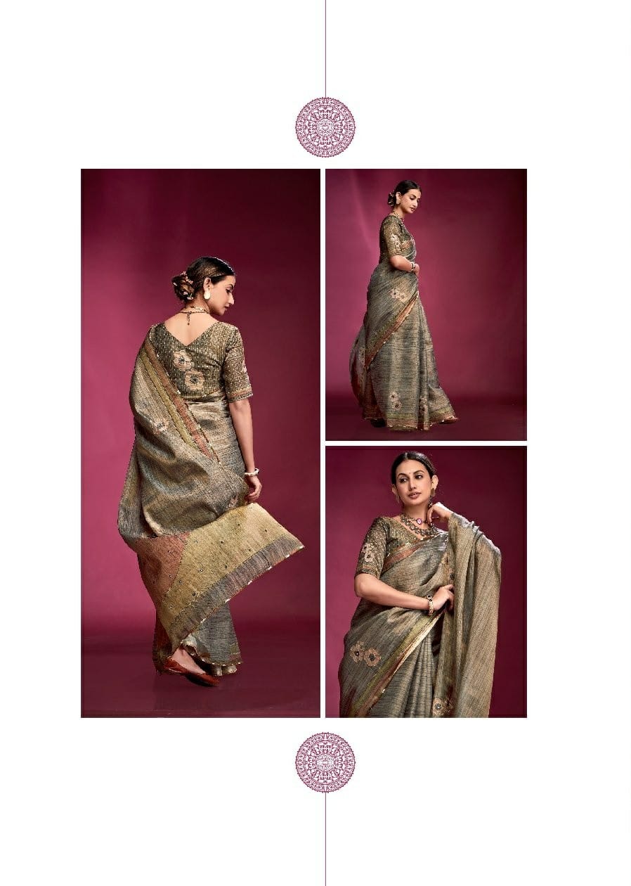 Tusser Silk Handwork Ethnic Saree Kala Jamun Dazzling