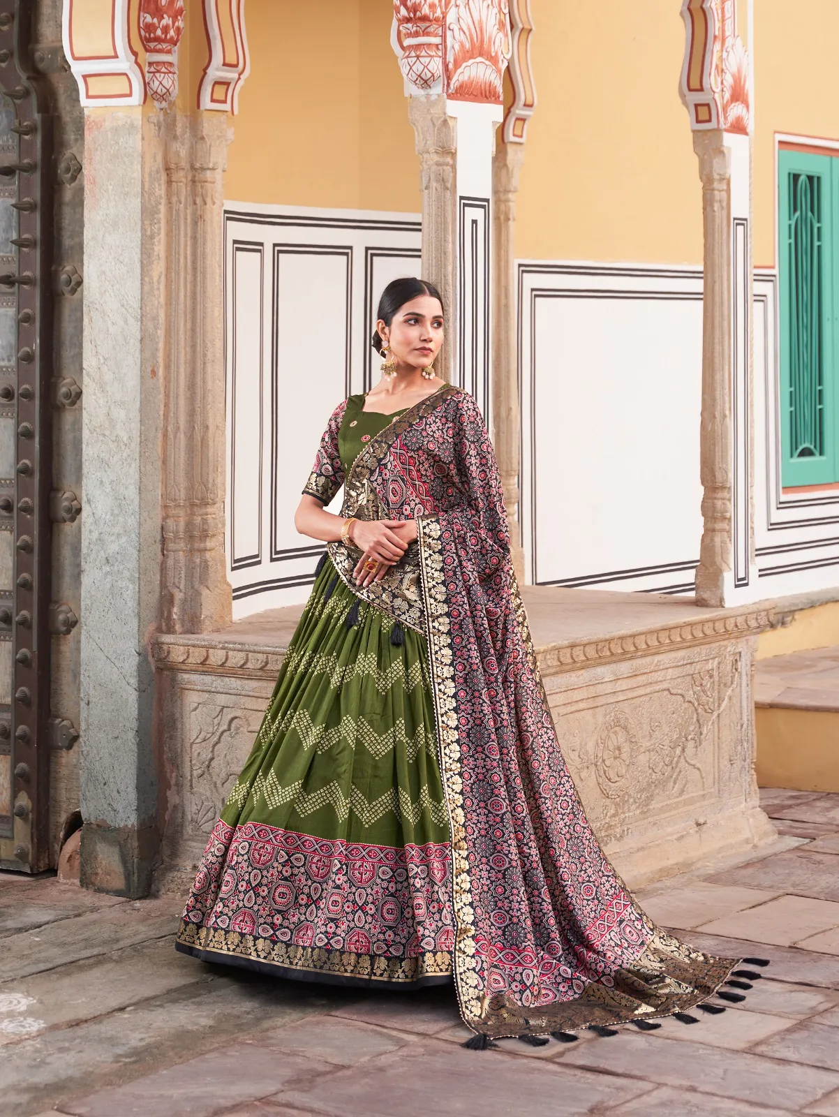 Ajarakh Printed Ethnic Lehenga Choli With Foil Print And Work Renuka