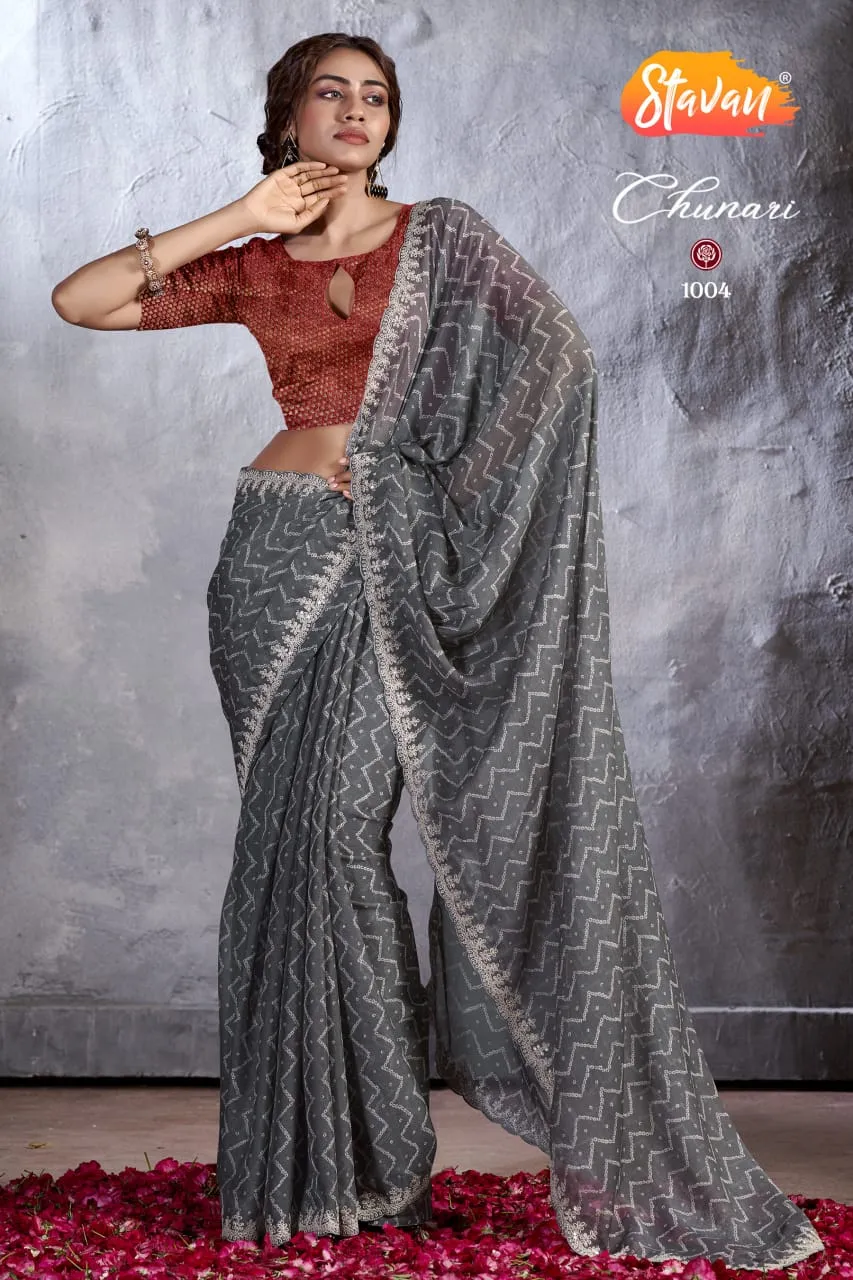 New Chiffon Saree With Cut Work Border  Stavan Chunari