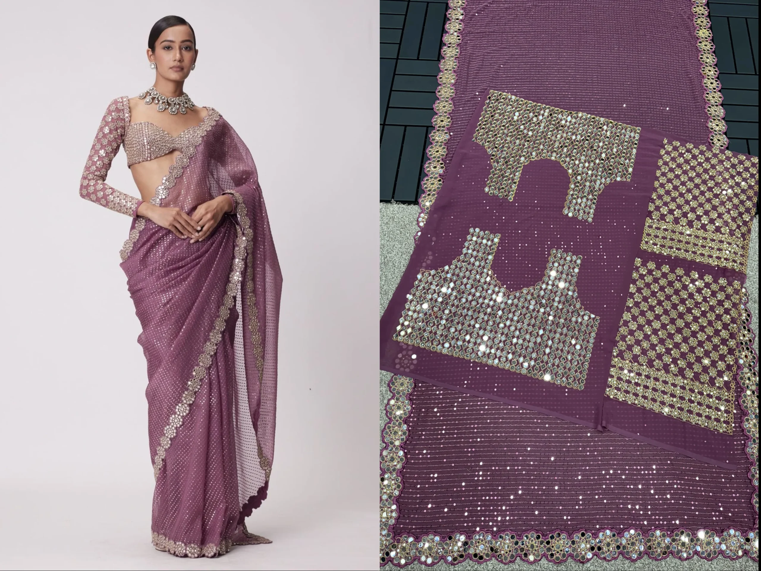 Bollywood Model Saree Design 2024 With Real Mirror Work df3429