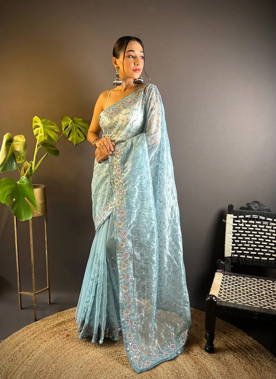 Designer Net Embroidery Party Wear Light Shaded Saree 3131