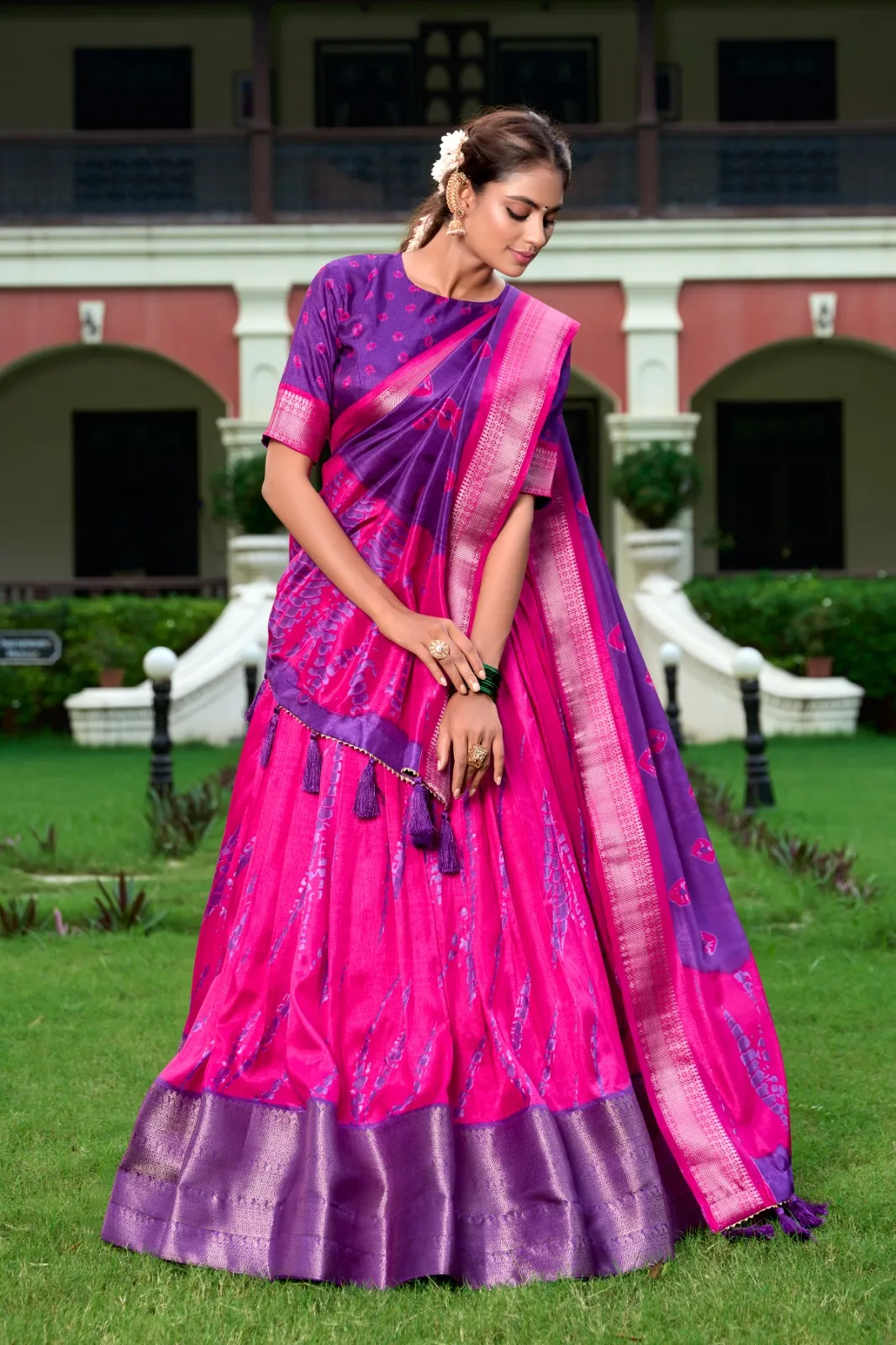 Shibori Printed Dola Silk Lehenga Choli With Zari Weaving Wedding Wear Designs