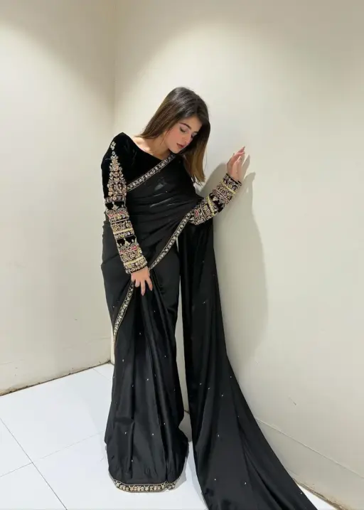 Winter Wear Velvet Saree With Heavy Emroidery And Moti Work Trending ST403