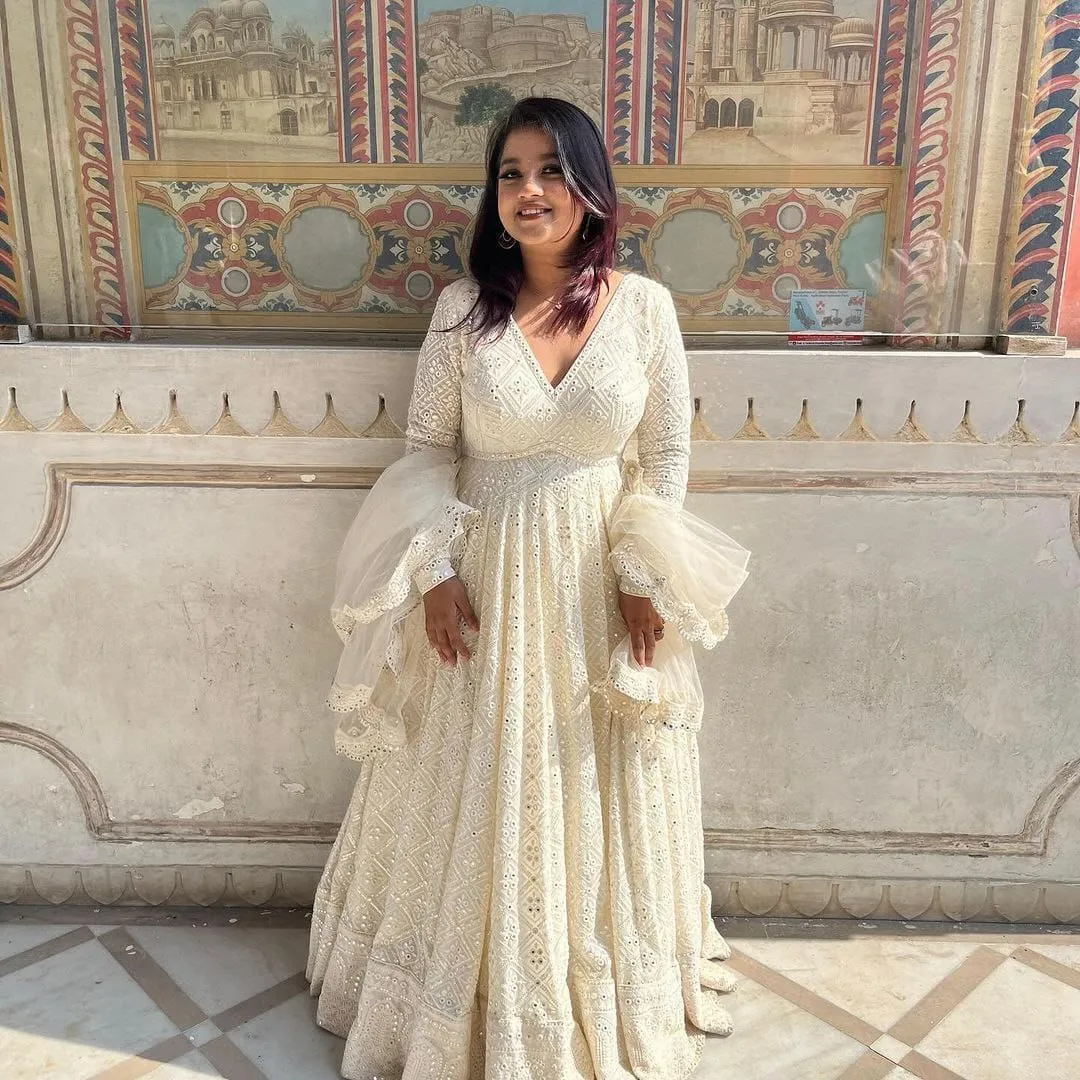 Bollywood Copy New Designer Party Gown Cream Color Gown With Heavy Embroidery Work