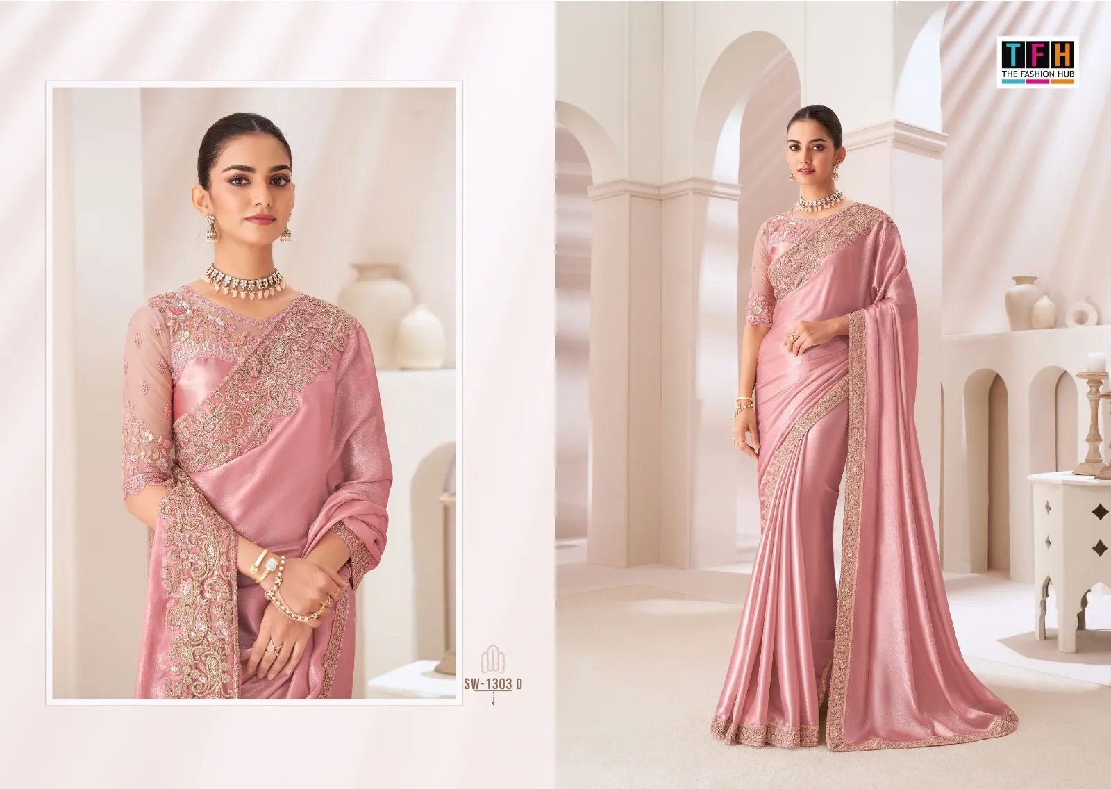 Chiffon Party Wear Rich Look Heavy Embroidery Work Ethnic Saree Sandal Wood 1303