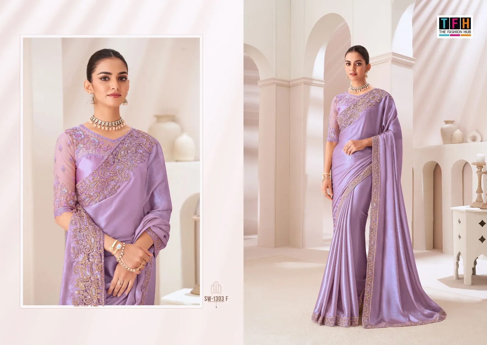 Chiffon Party Wear Rich Look Heavy Embroidery Work Ethnic Saree Sandal Wood 1303