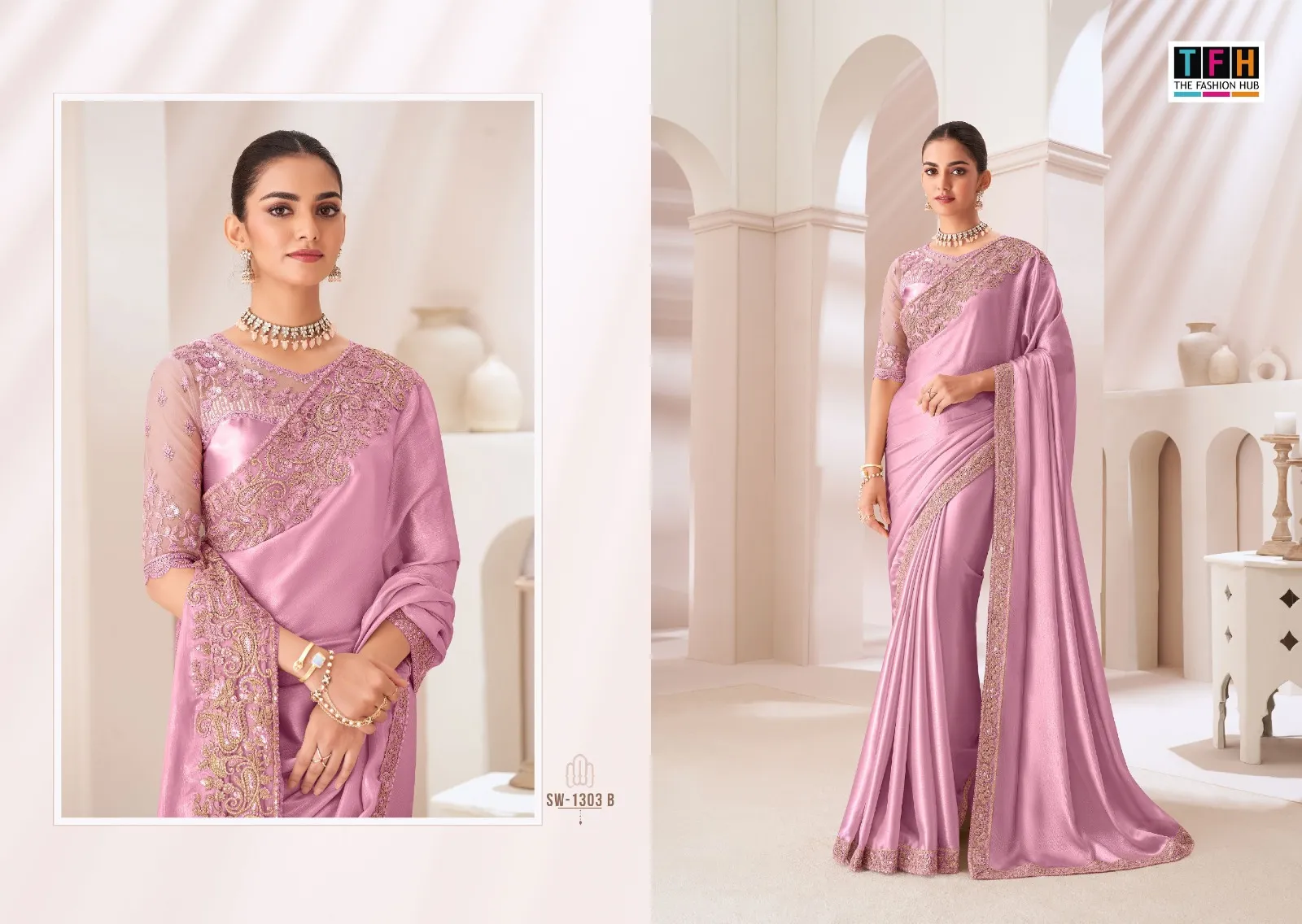 Chiffon Party Wear Rich Look Heavy Embroidery Work Ethnic Saree Sandal Wood 1303