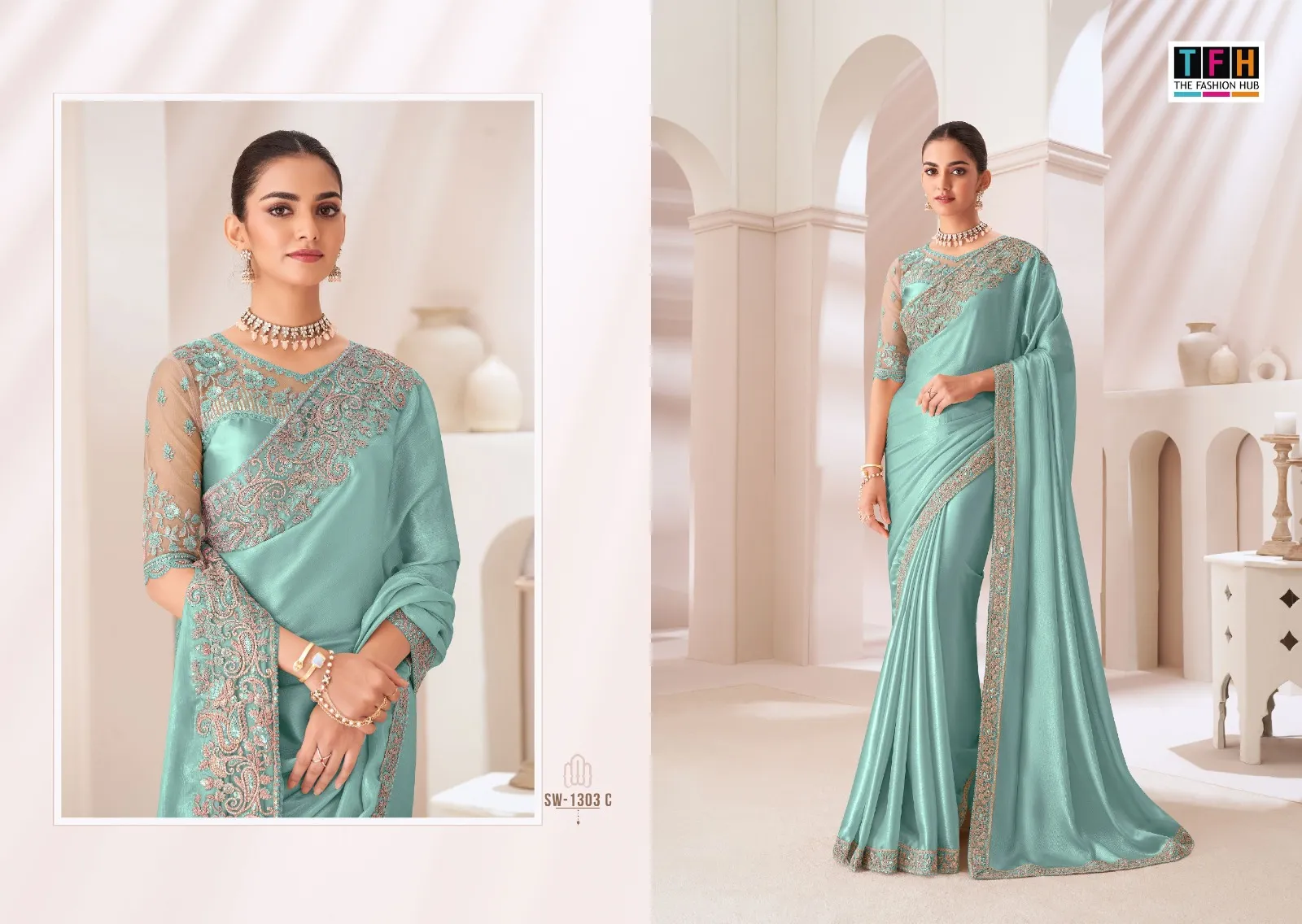 Chiffon Party Wear Rich Look Heavy Embroidery Work Ethnic Saree Sandal Wood 1303