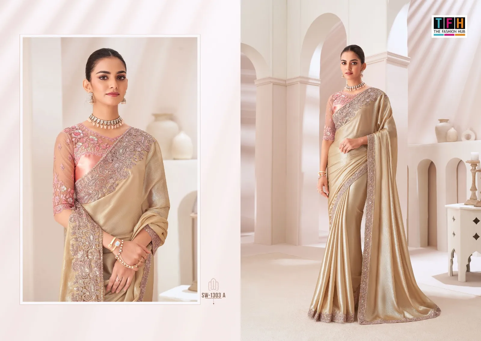 Chiffon Party Wear Rich Look Heavy Embroidery Work Ethnic Saree Sandal Wood 1303