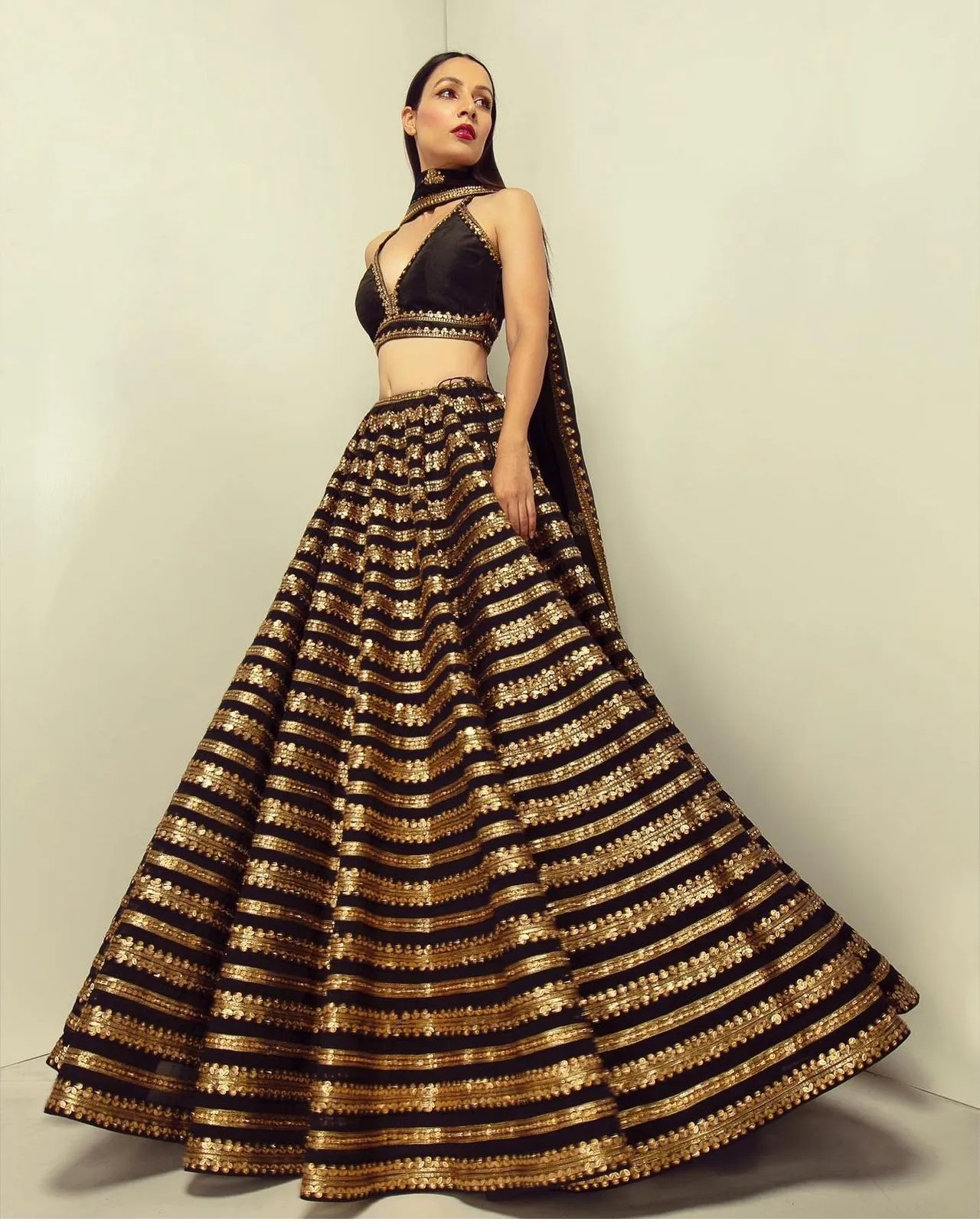 Embellished Black Heavy Golden Sequins Work Ethnic Lehenga Choli Designer Bollywood Style Lehenga