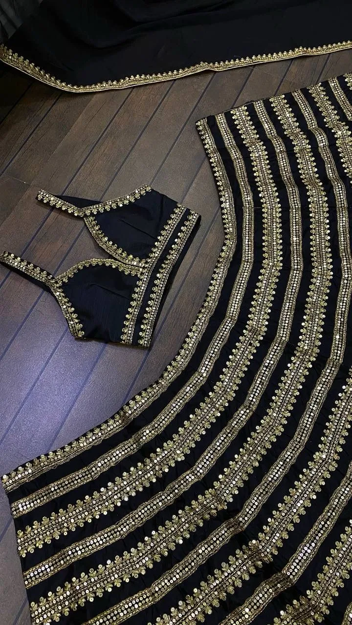 Embellished Black Heavy Golden Sequins Work Ethnic Lehenga Choli Designer Bollywood Style Lehenga