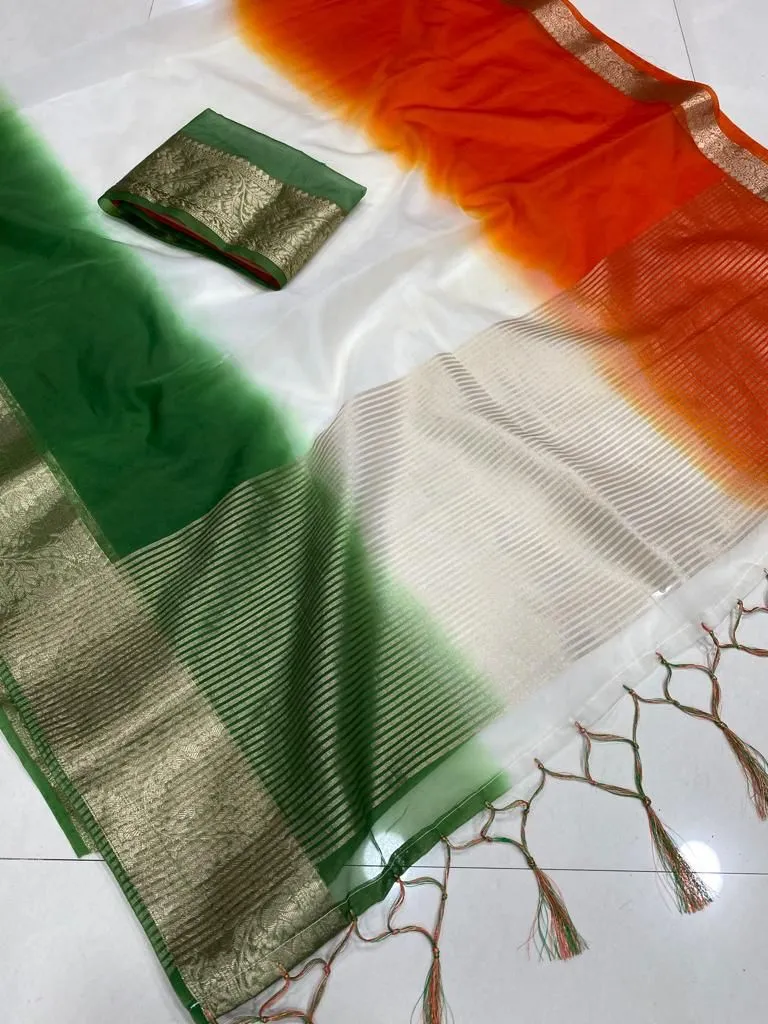 Exclusive Tiranga Indian Flag Printed Saree For Republic Day Calibration Saree Solid Kora Organza Saree
