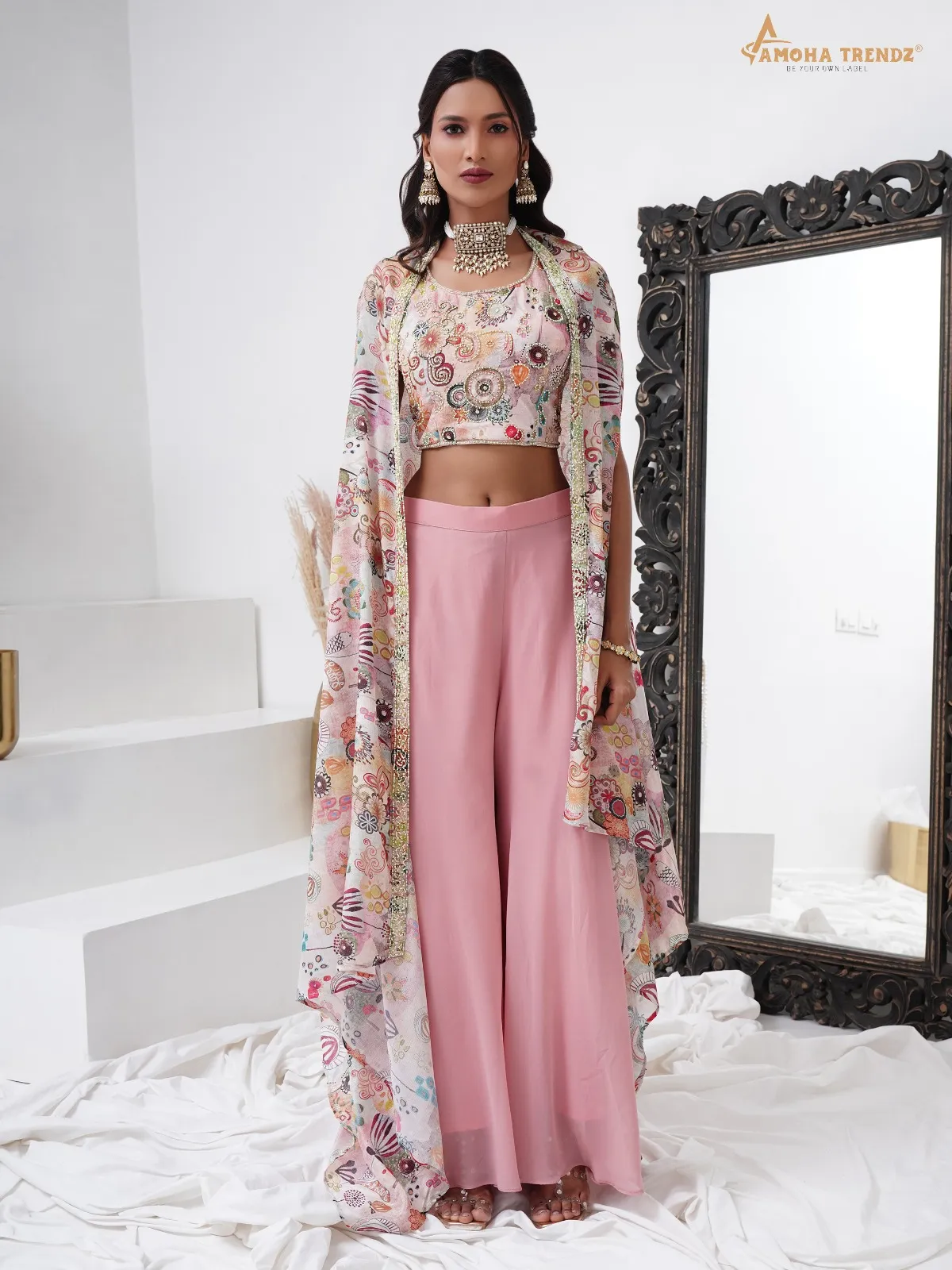 Girly Pink Color Designer Crop Top With Plazzo And Shrug Designer Boutique Style Set