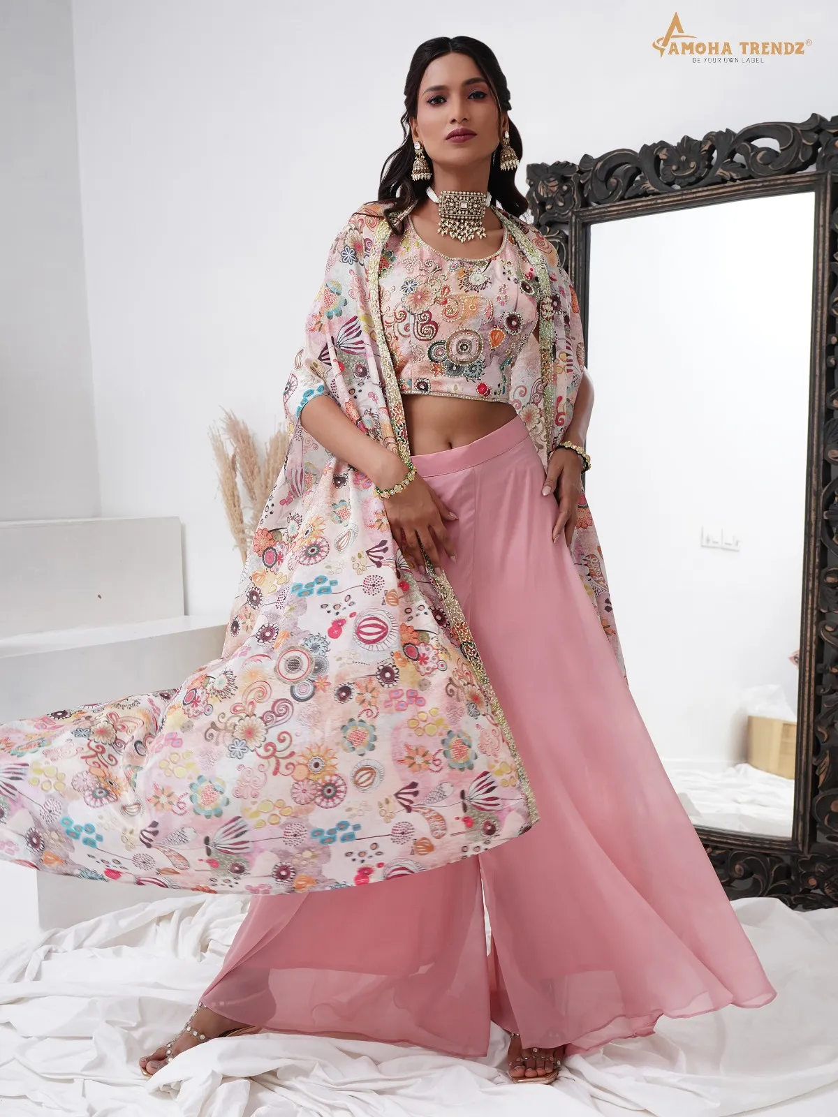 Girly Pink Color Designer Crop Top With Plazzo And Shrug Designer Boutique Style Set