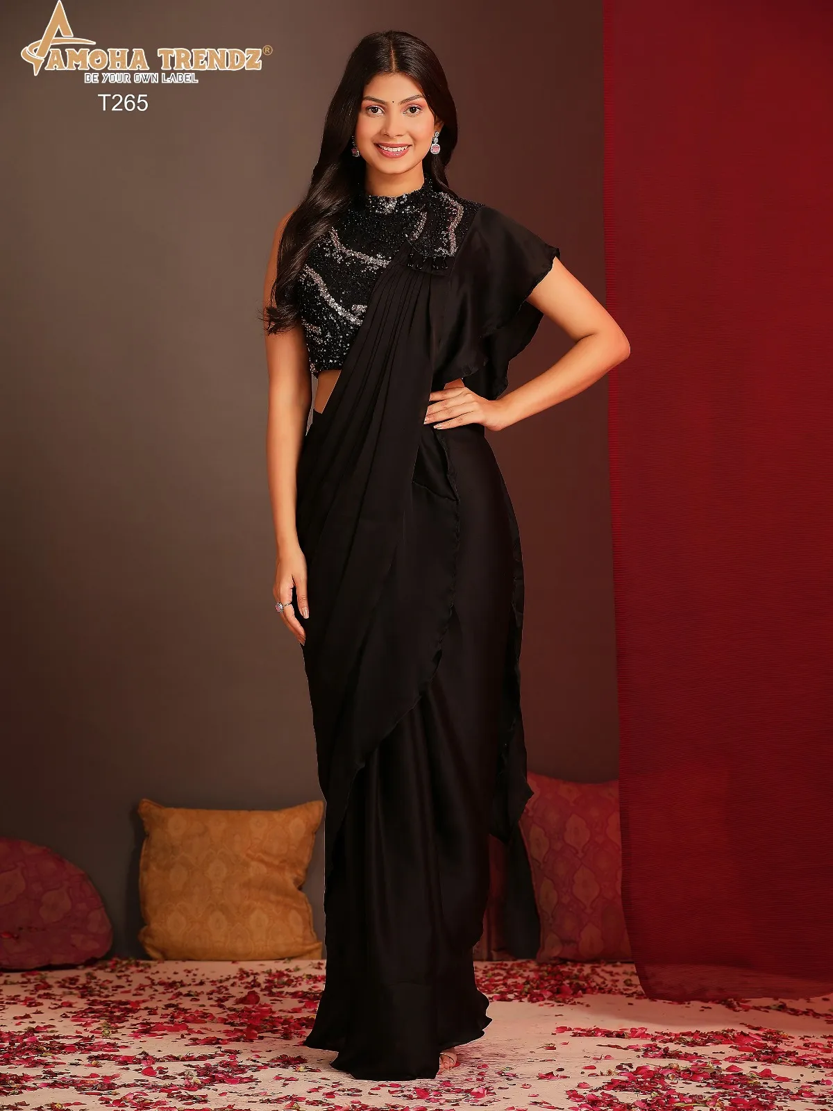 Heavy Work Blouse Ready To Wear Embellished Black Party Wear Saree