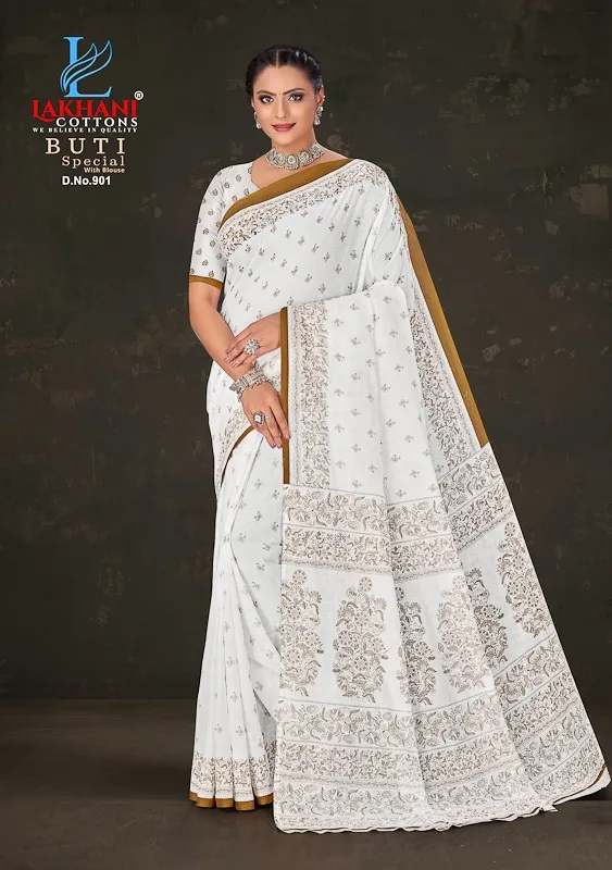Lakhani Buti Special Vol 09 Pure Cotton Printed White Shade Sarees