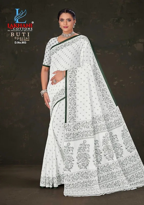 Lakhani Buti Special Vol 09 Pure Cotton Printed White Shade Sarees