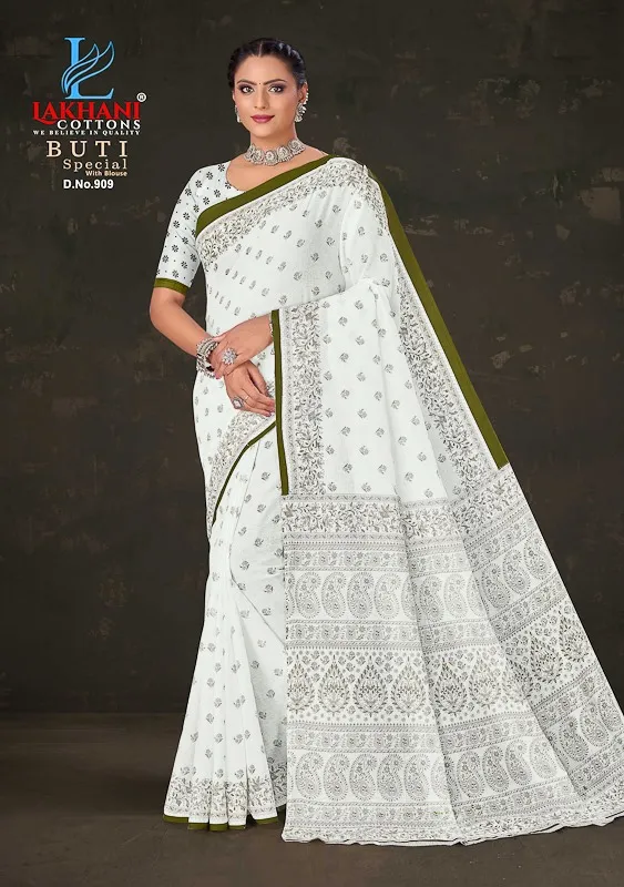 Lakhani Buti Special Vol 09 Pure Cotton Printed White Shade Sarees