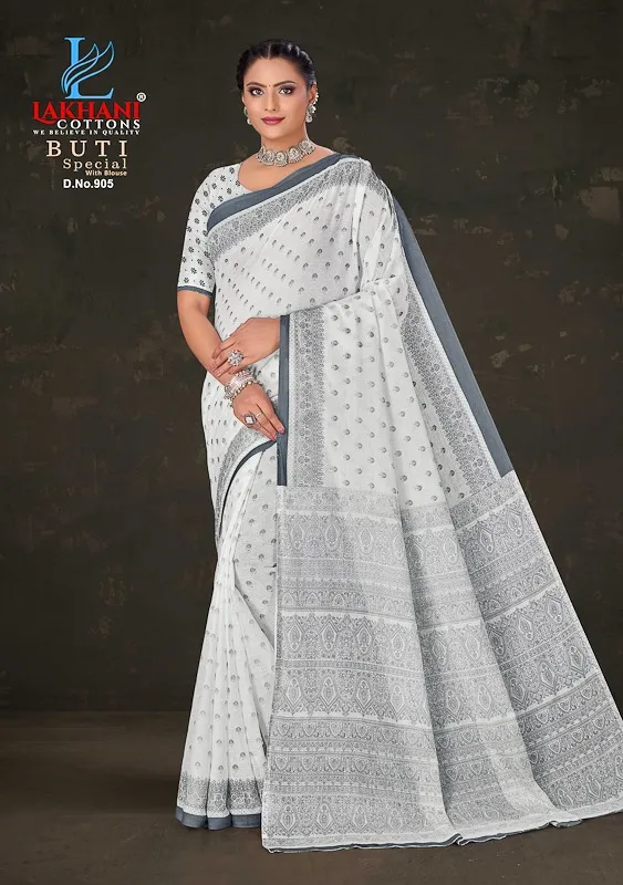 Lakhani Buti Special Vol 09 Pure Cotton Printed White Shade Sarees