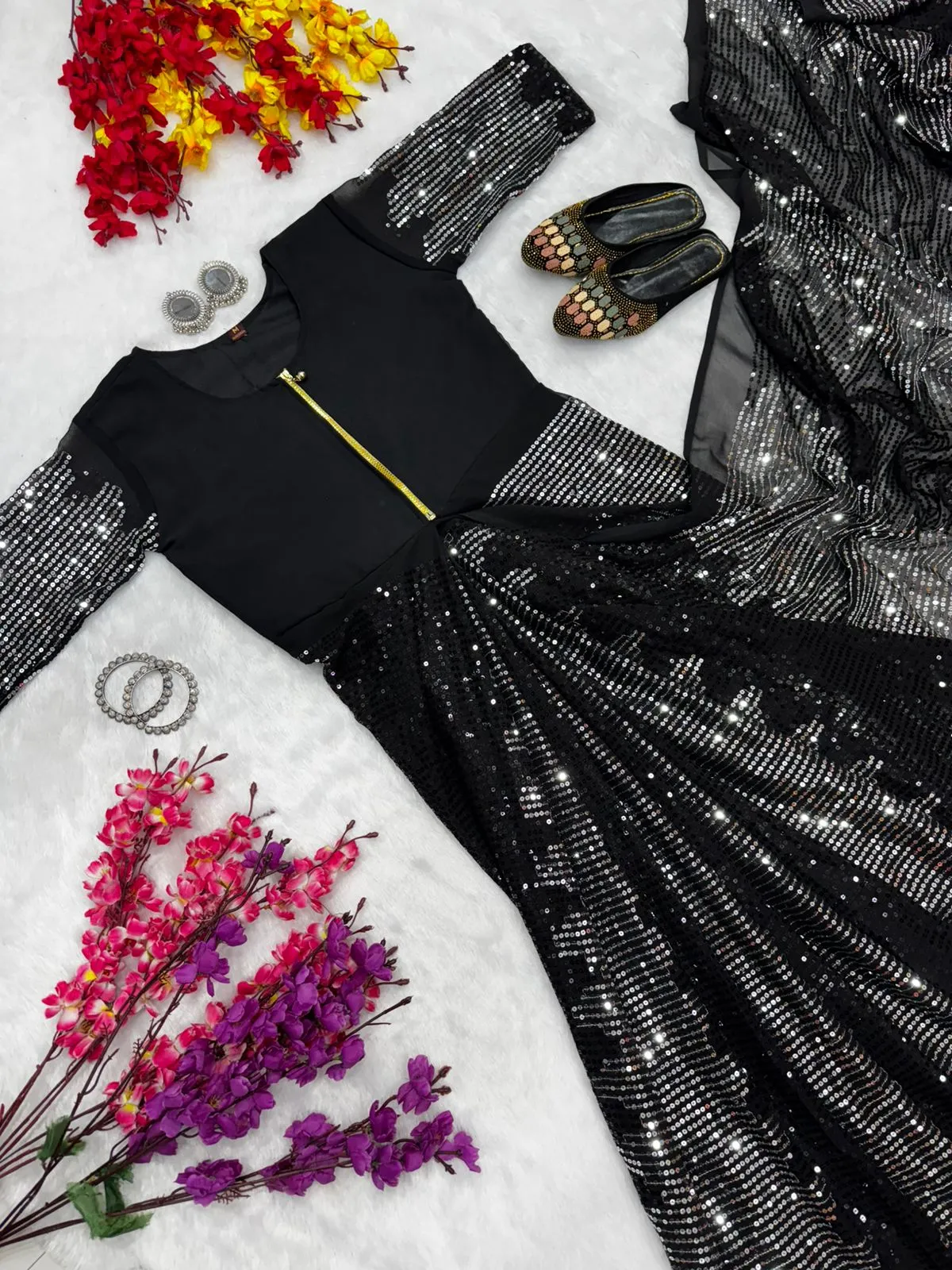New Trending Zip and Go Saree Sequence Work Viral Readymade Saree Gown