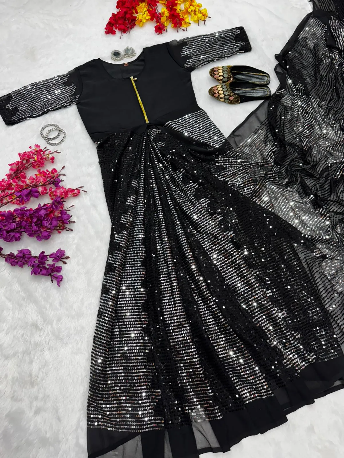 New Trending Zip and Go Saree Sequence Work Viral Readymade Saree Gown