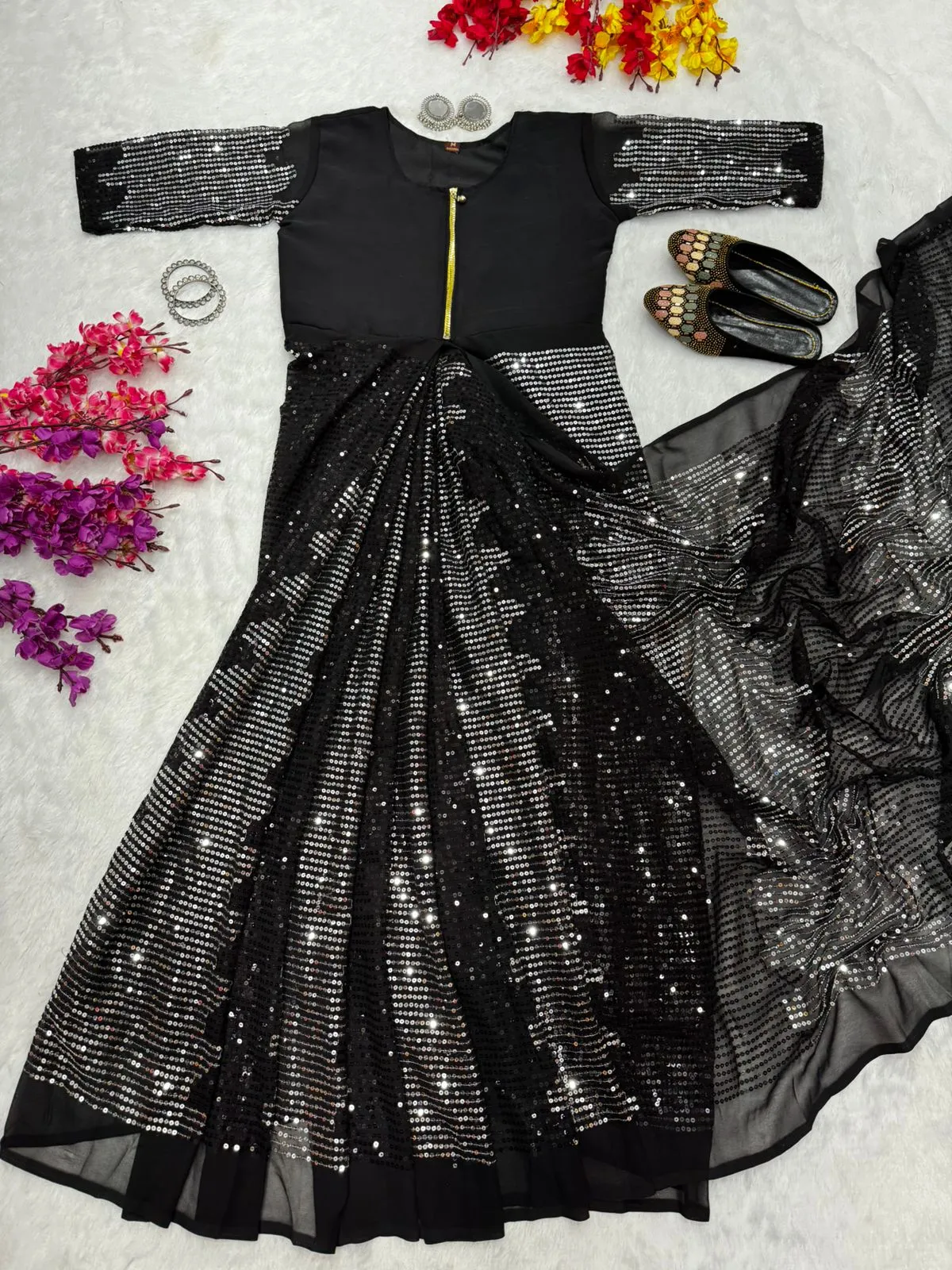 New Trending Zip and Go Saree Sequence Work Viral Readymade Saree Gown