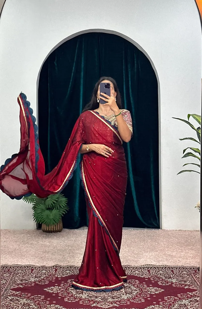 Shraddha Kapoor Saree Dark Red Color Ethnic Saree With Heavy Embroidery Worked Blouse Valentines Special Saree Bollywood Saree
