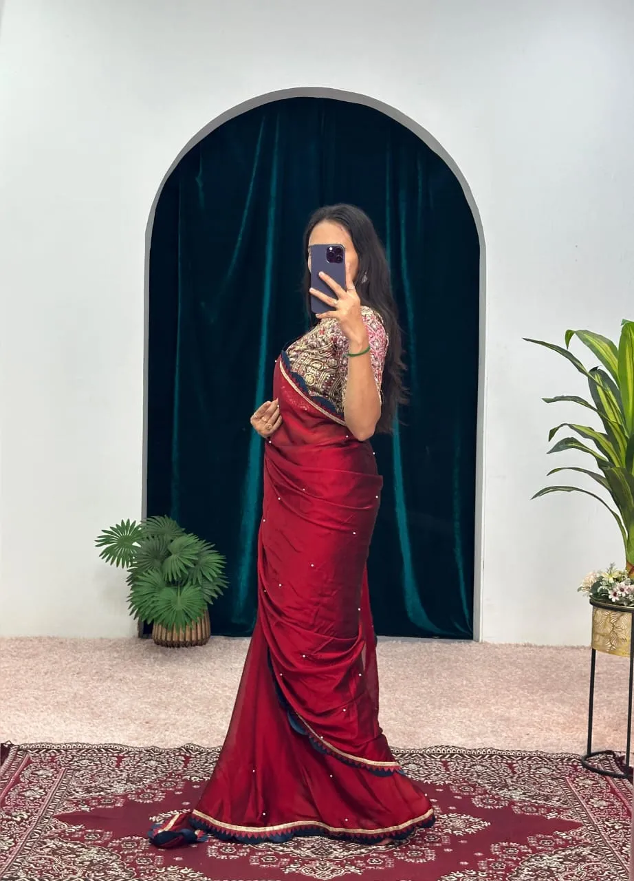 Shraddha Kapoor Saree Dark Red Color Ethnic Saree With Heavy Embroidery Worked Blouse Valentines Special Saree Bollywood Saree