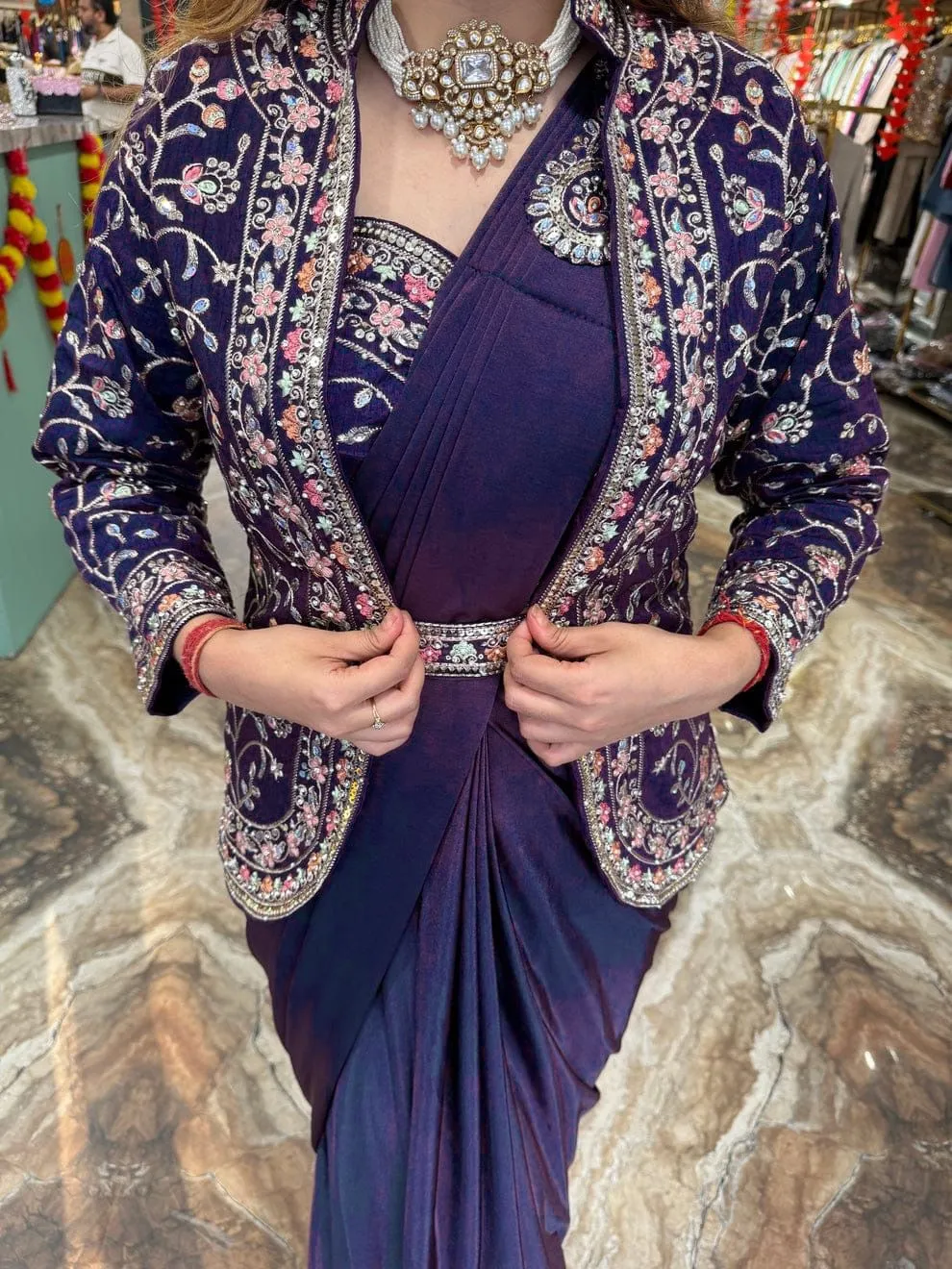 Superhit Trending Indo-Western Ready-to-Wear Saree with Fully Embroidered Koti Ethnic Saree With Blouse And Koti