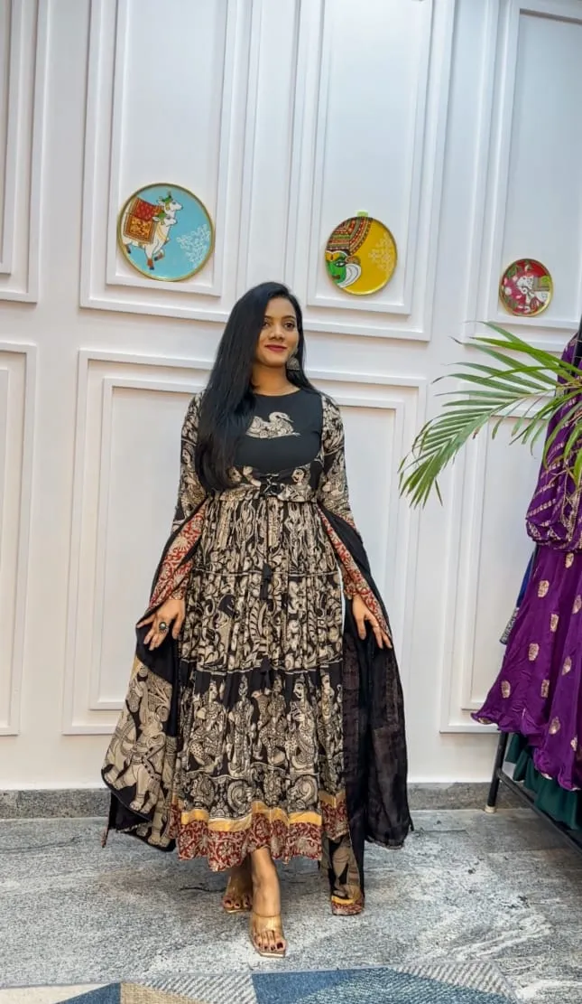 Trending Digital Printed Gown With Human Print Designer Gown Coat Dupatta Set