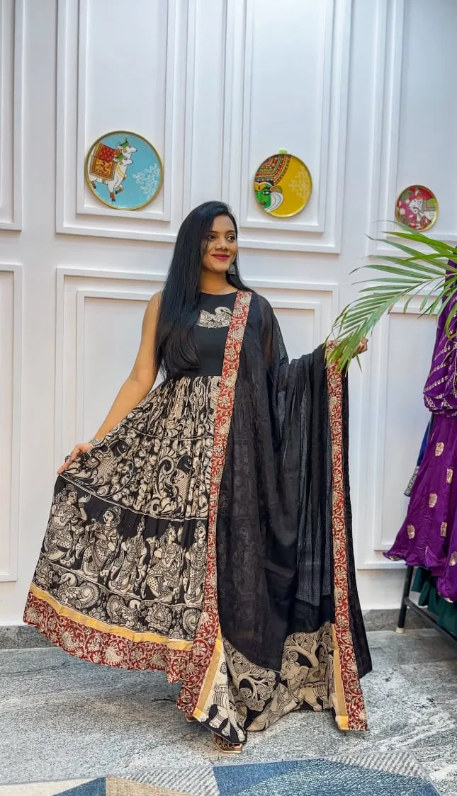 Trending Digital Printed Gown With Human Print Designer Gown Coat Dupatta Set