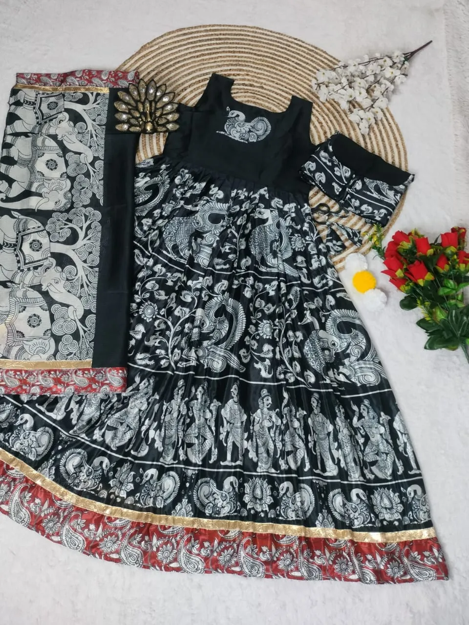 Trending Digital Printed Gown With Human Print Designer Gown Coat Dupatta Set