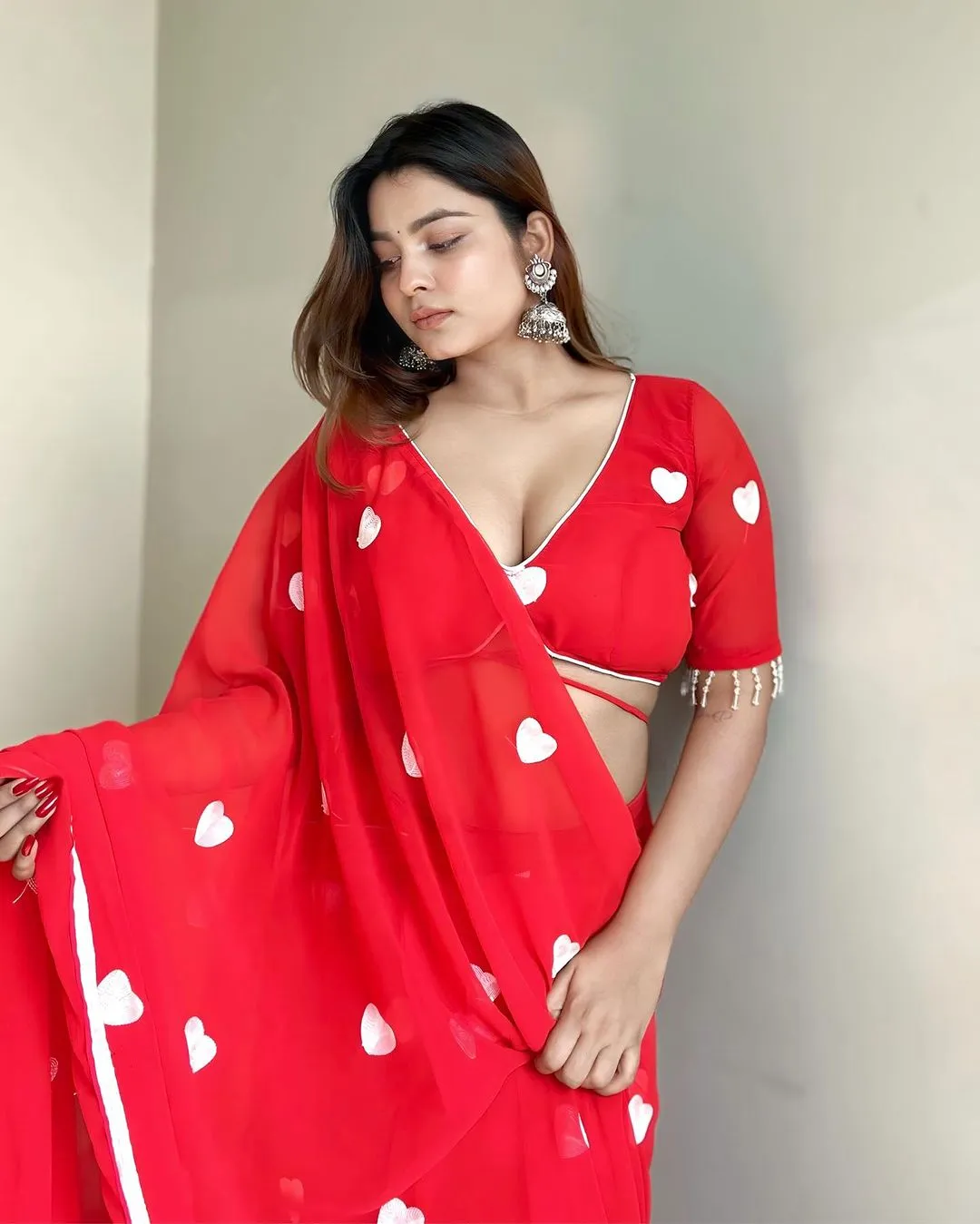 Valentine's Special Red Color Saree With Heart Embroidery Work Perfect Valentines Gift