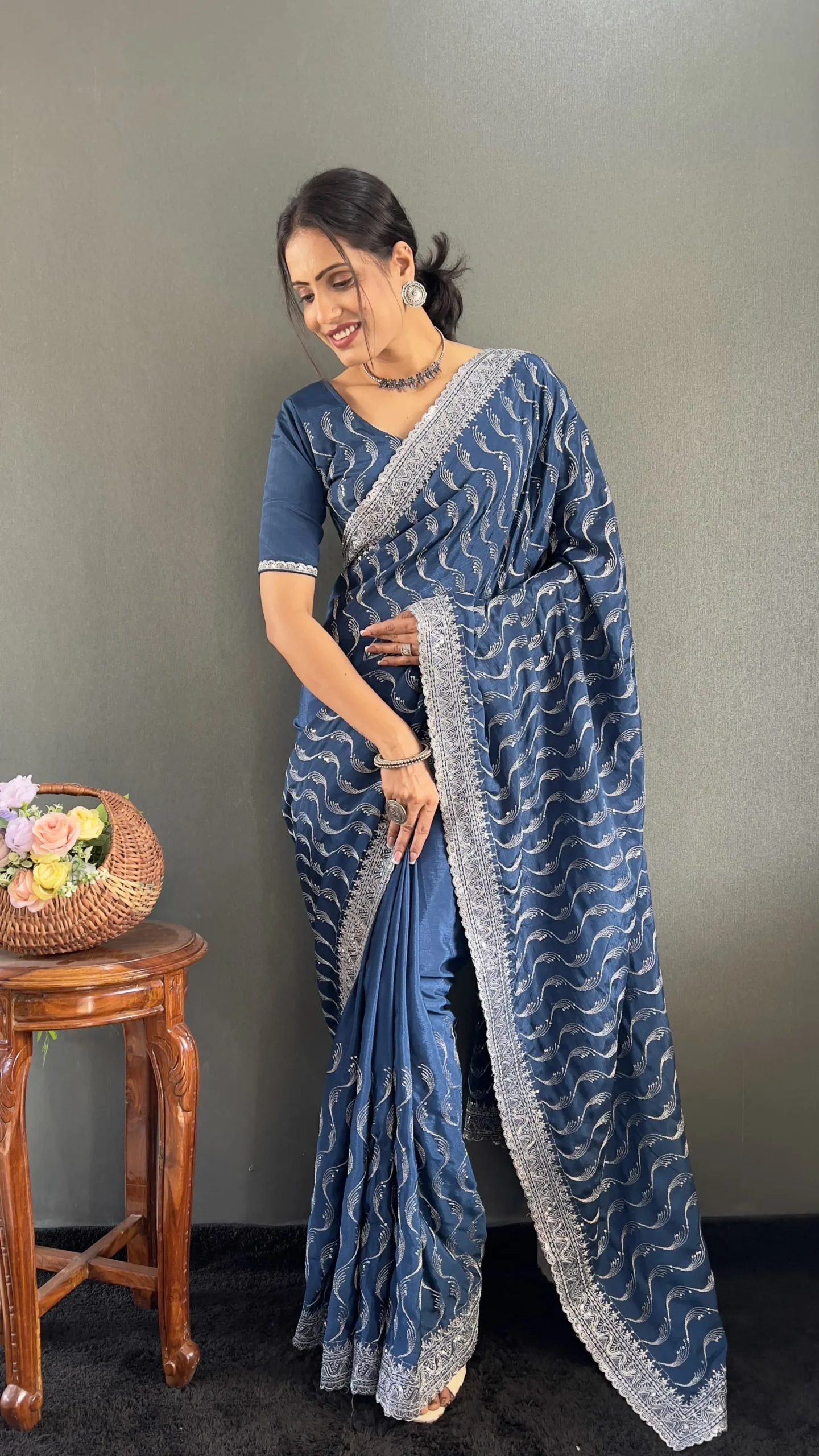 Ready To Wear Wedding Saree With Heavy Embroidery And Sequins Work