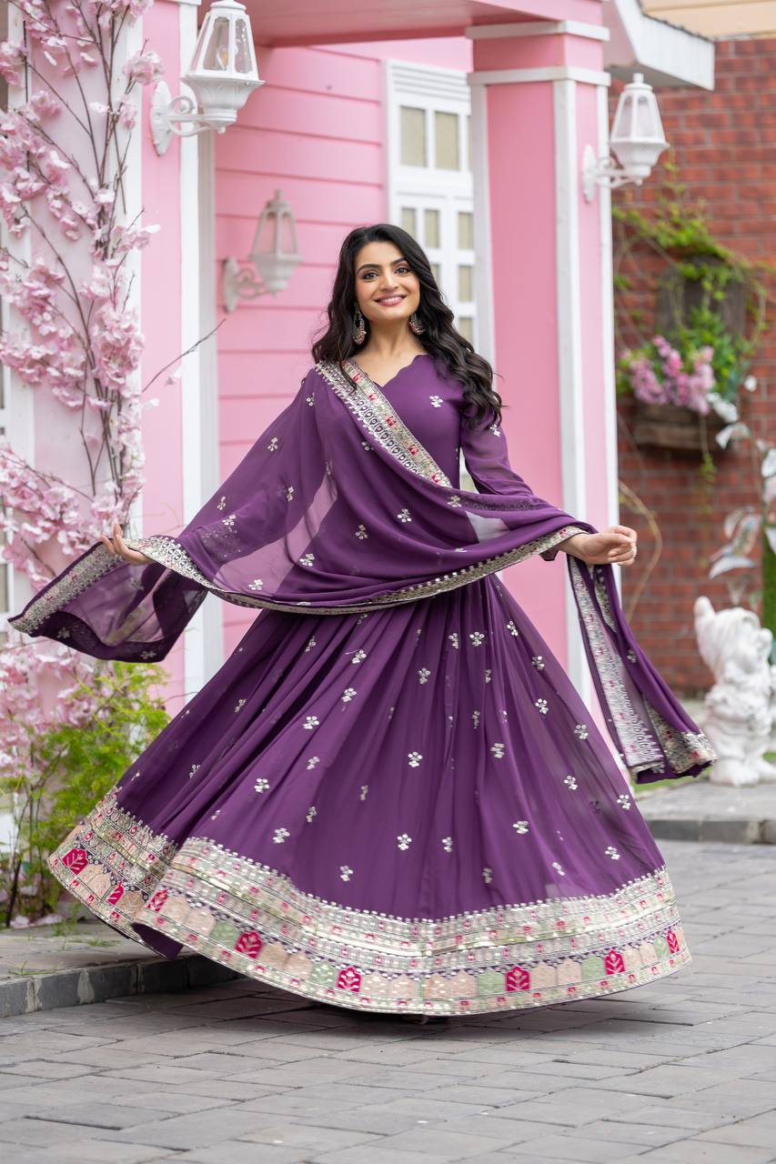 Heavy Embroidery Georgette Gown With Dupatta For Women