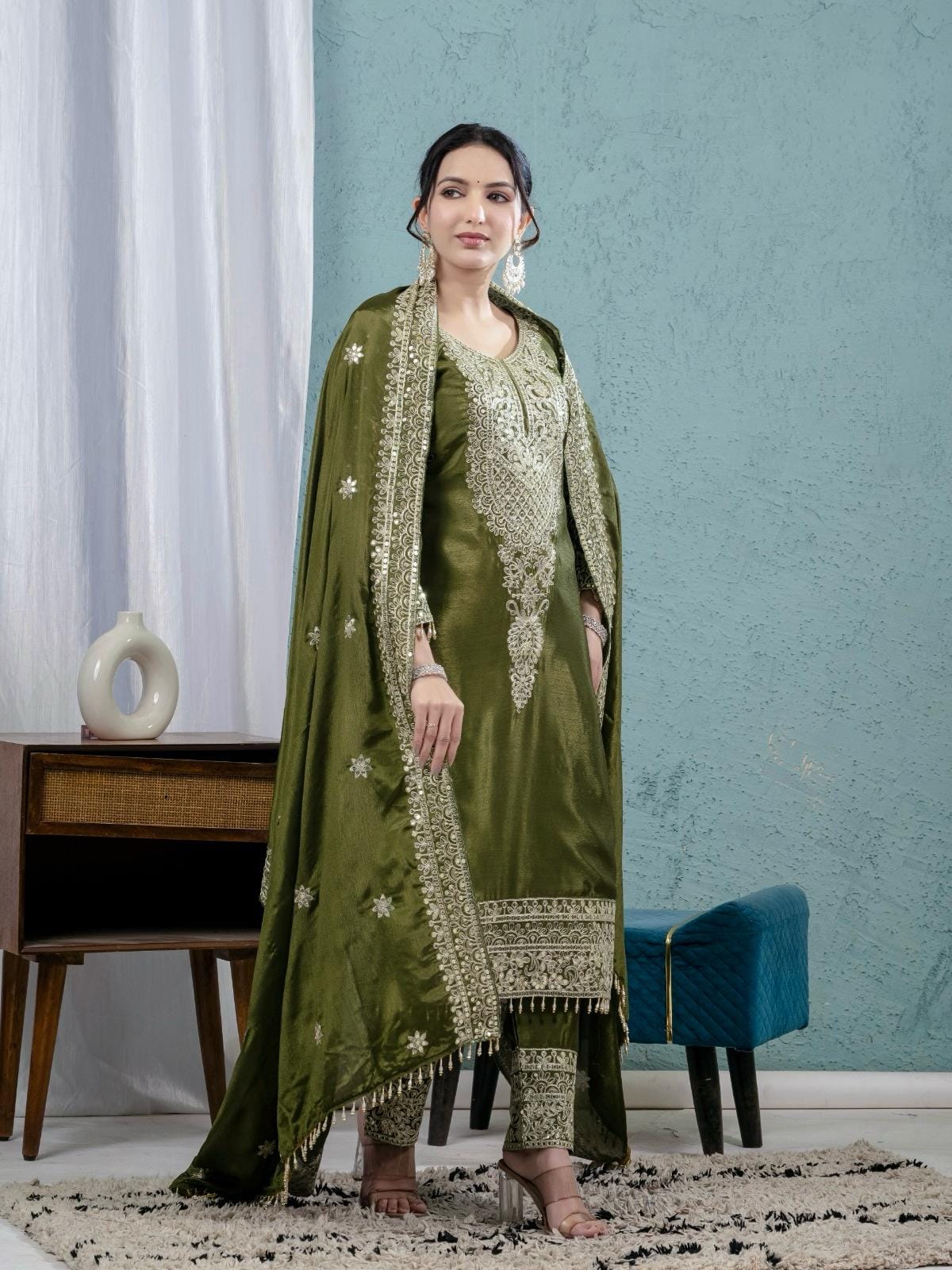Embellished Green Readymade Pakistani Salwar Kameez